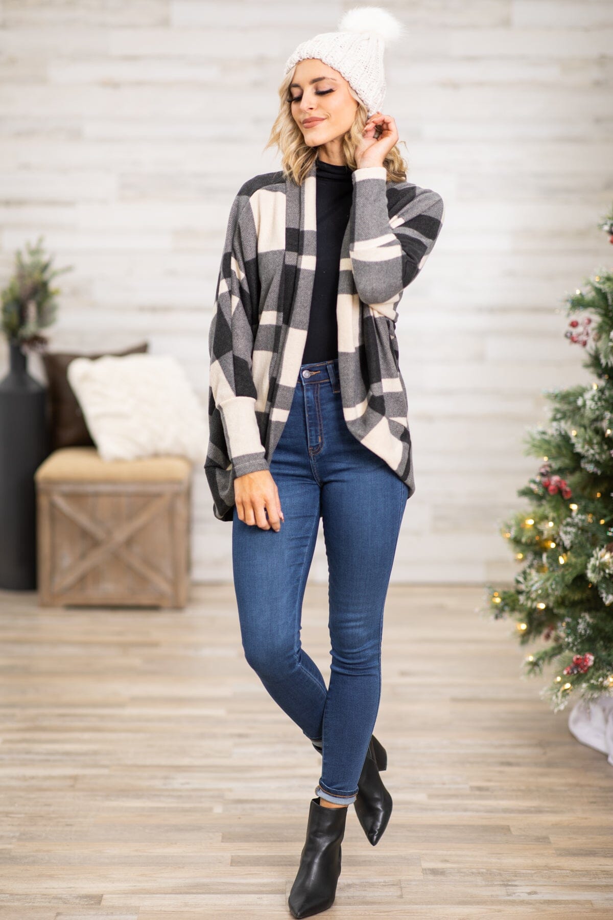 Cream and Black Plaid Cocoon Cardigan - Filly Flair