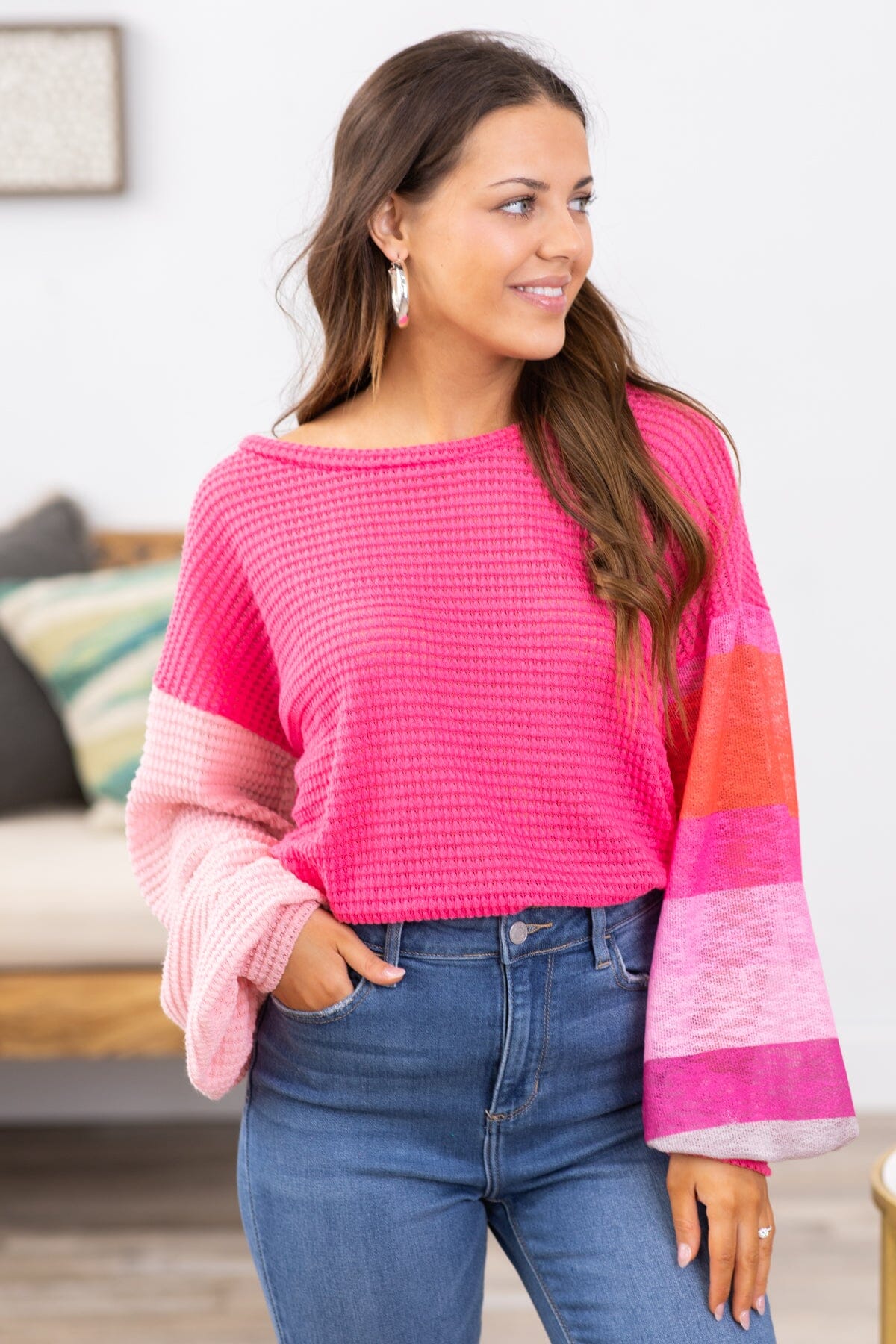 Hot Pink Waffle Knit Top With Stripe Sleeve - Filly Flair