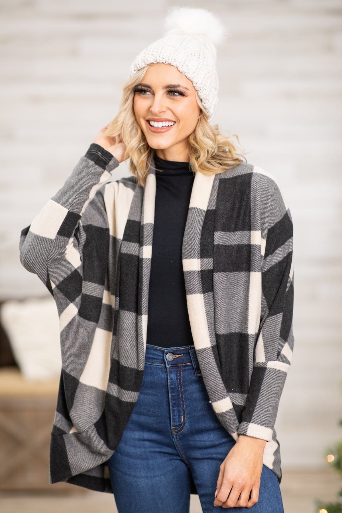 Cream and Black Plaid Cocoon Cardigan - Filly Flair