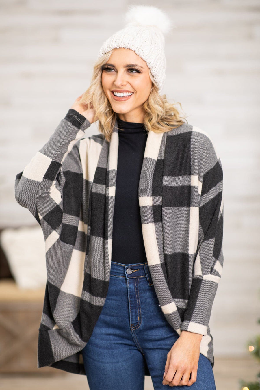 Cream and Black Plaid Cocoon Cardigan - Filly Flair