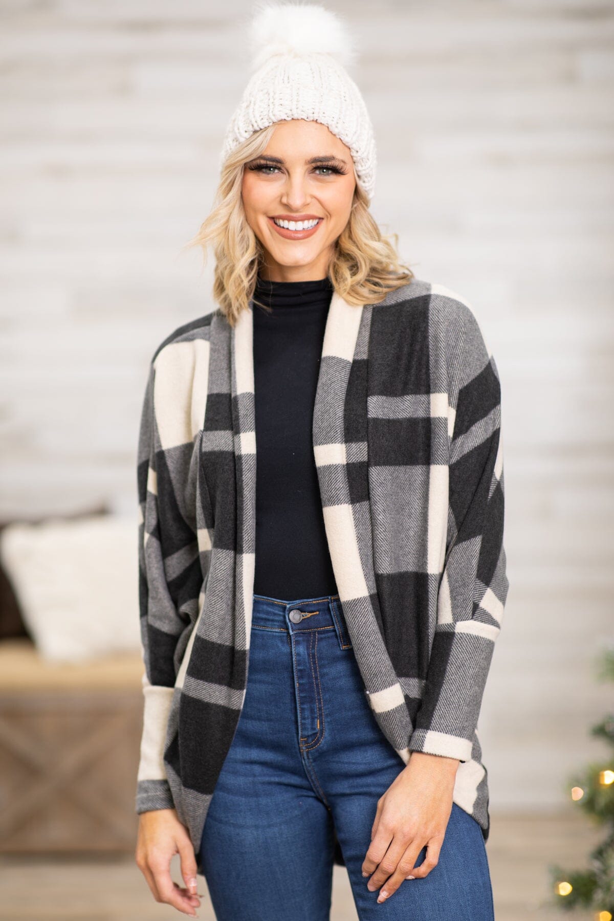 Cream and Black Plaid Cocoon Cardigan - Filly Flair