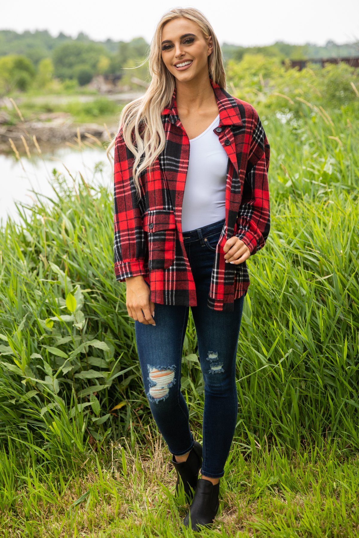 Red and Black Plaid Button Up Top - Filly Flair