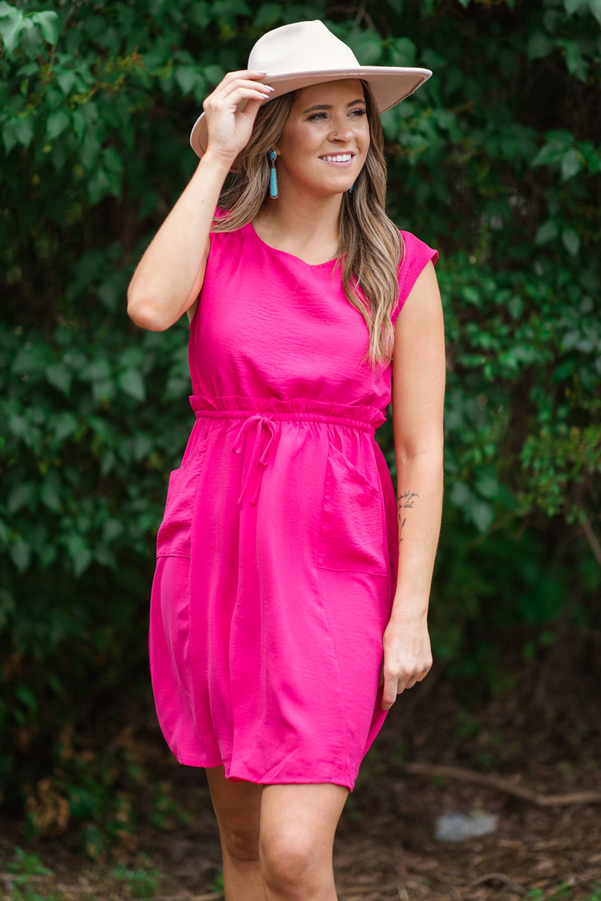 Hot Pink Tie Waist Knit Dress with Pockets - Filly Flair