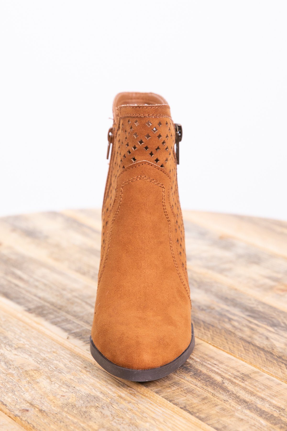 Camel Faux Suede Perforated Detail Bootie - Filly Flair