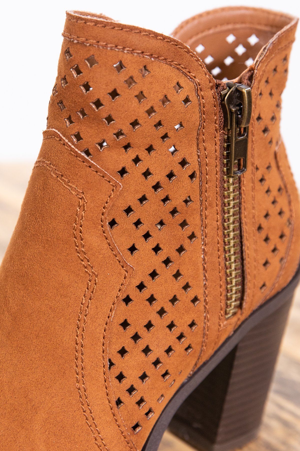 Camel Faux Suede Perforated Detail Bootie - Filly Flair