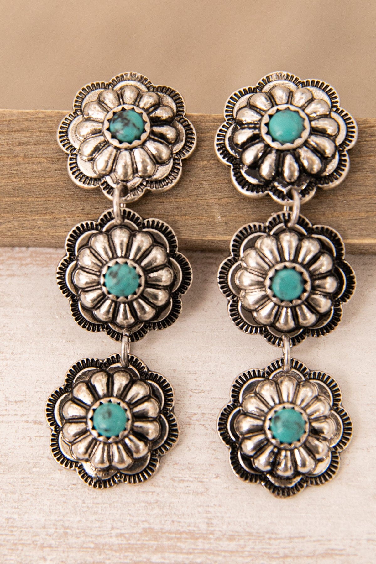 Silver Concho Dangle Earrings With Turquoise - Filly Flair