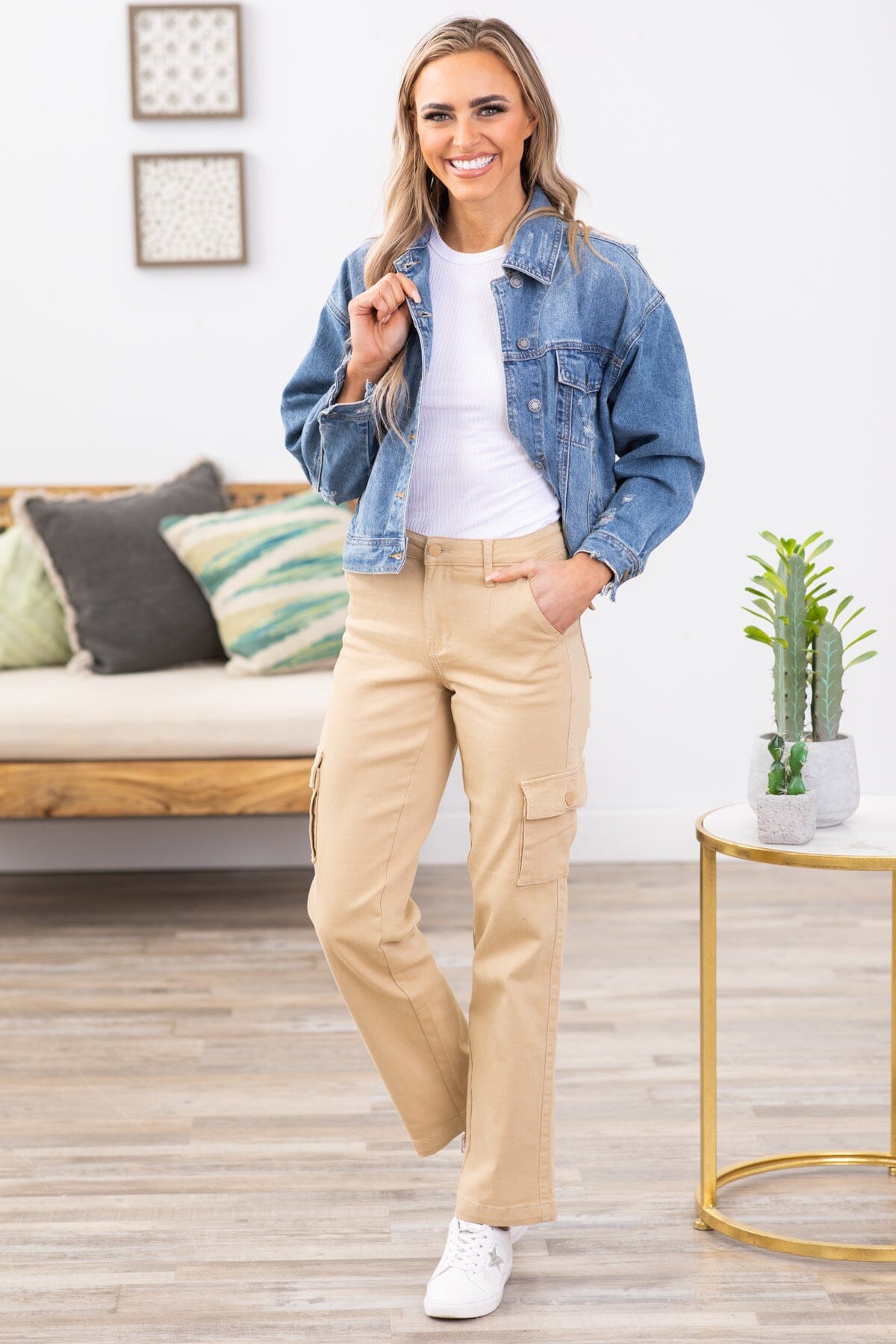 Judy Blue Tan Straight Leg Cargo Pocket Jeans - Filly Flair
