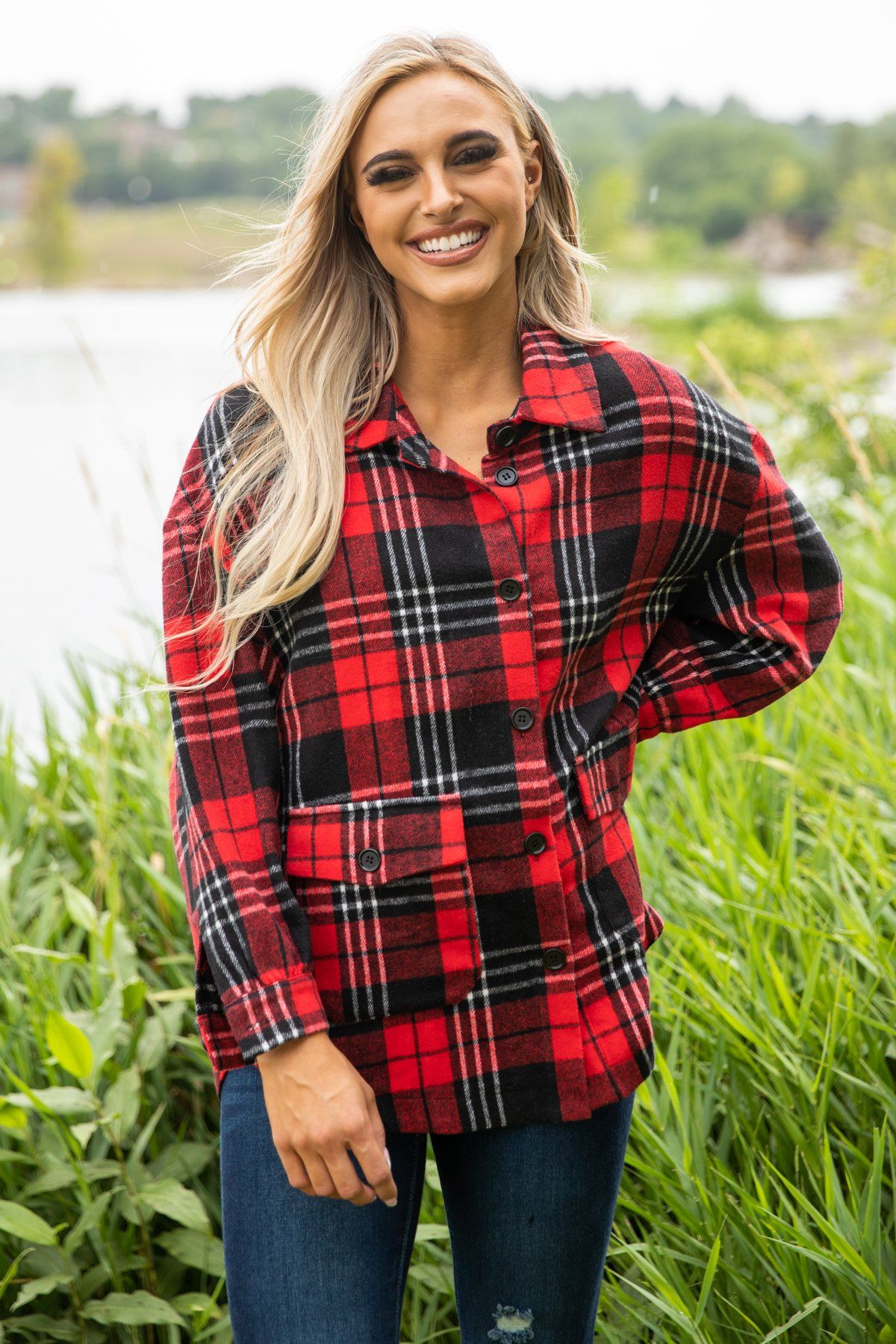 Red and Black Plaid Button Up Top - Filly Flair