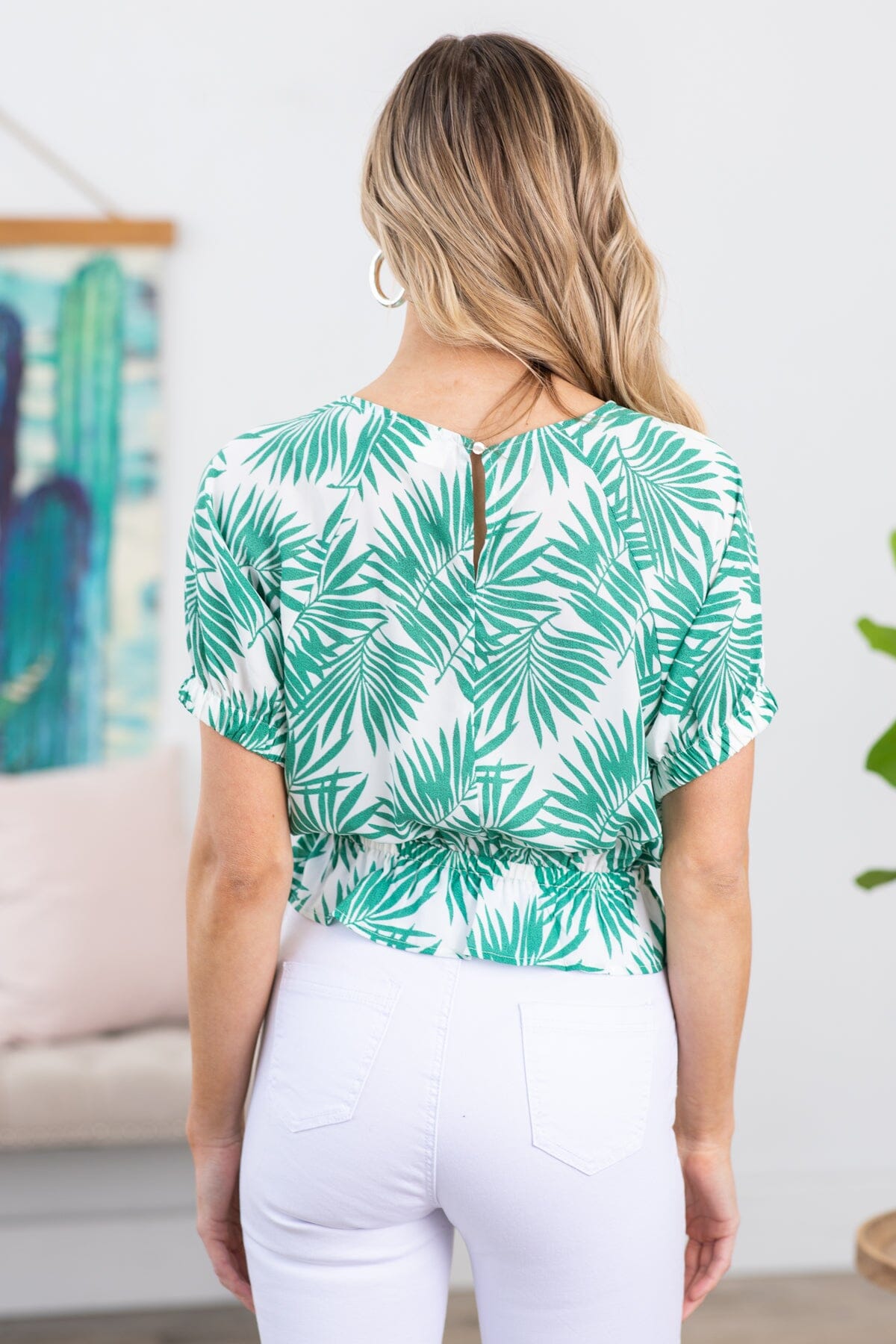 Jade and White Palm Print Short Sleeve Top - Filly Flair
