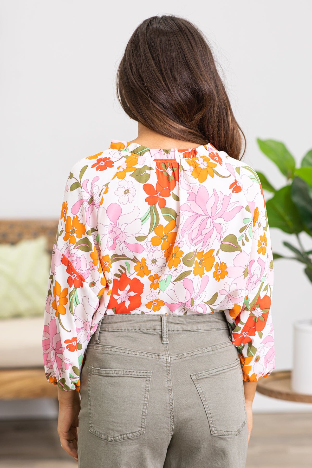 Burnt Orange and Pink Floral Notch Neck Top - Filly Flair
