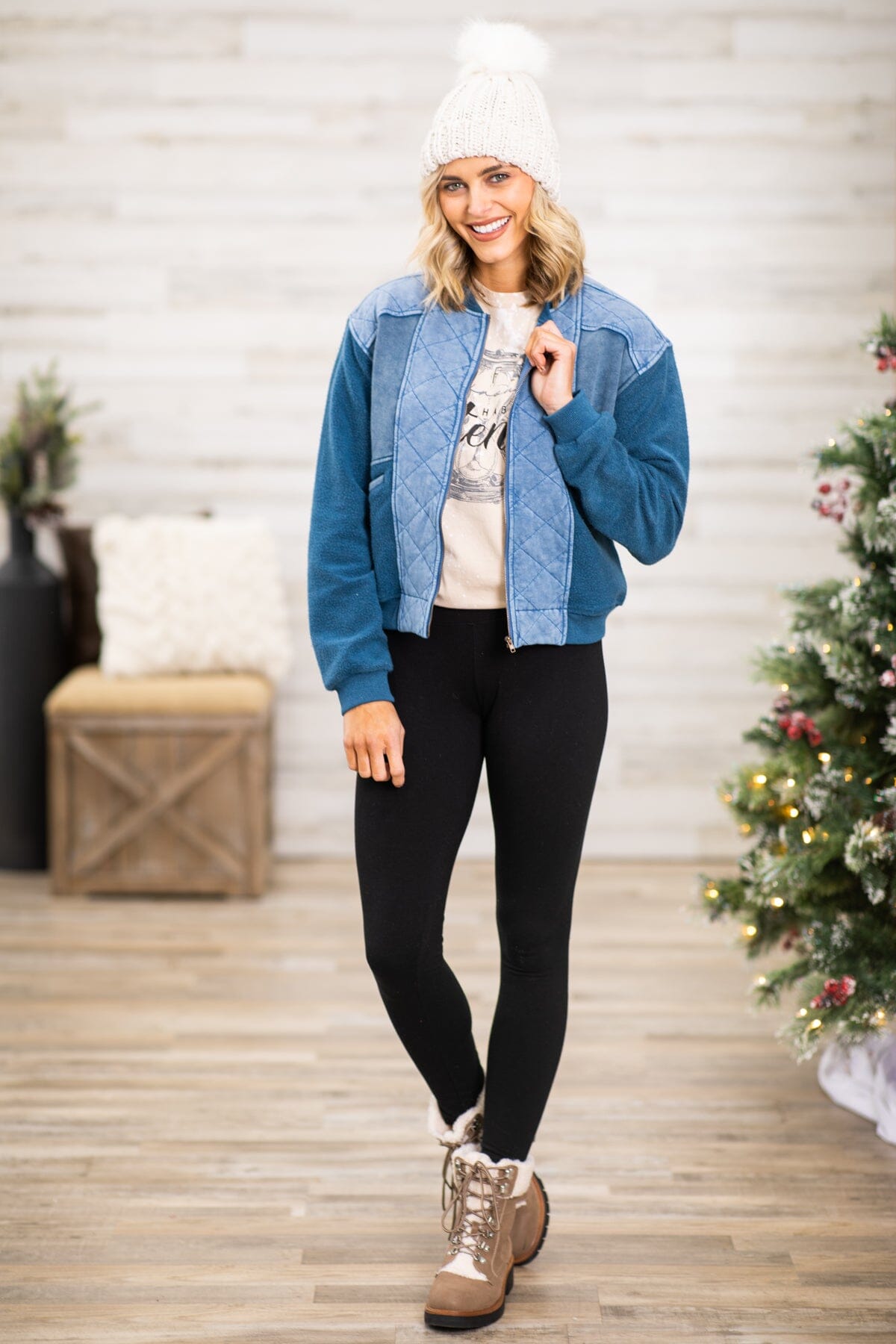 Navy Two Tone Wash Quilted Jacket - Filly Flair