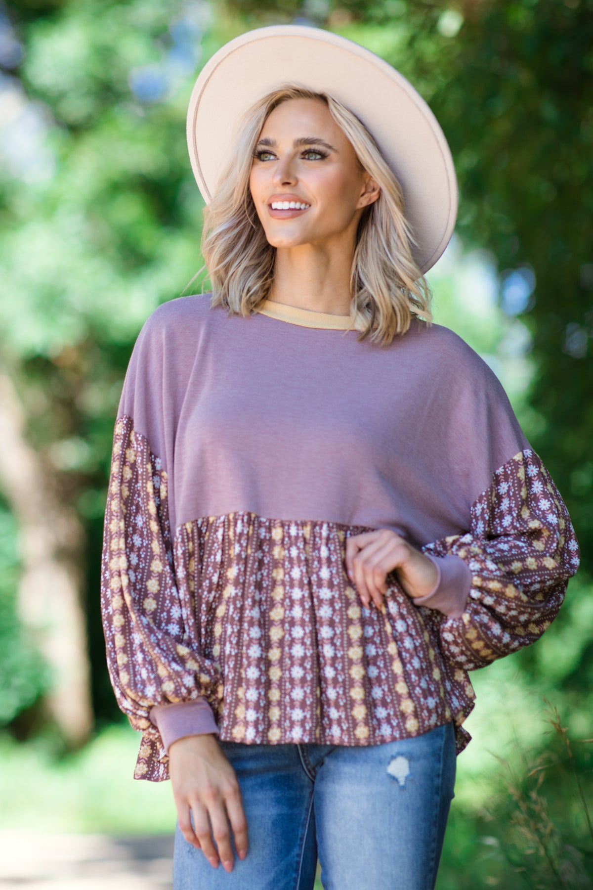 Dusty Rose Boho Print Detail Babydoll Top · Filly Flair