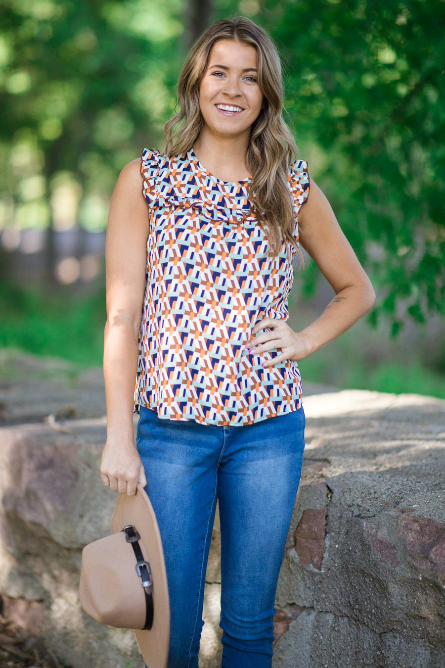 Brown Multicolor Geometric Ruffle Trim Top - Filly Flair