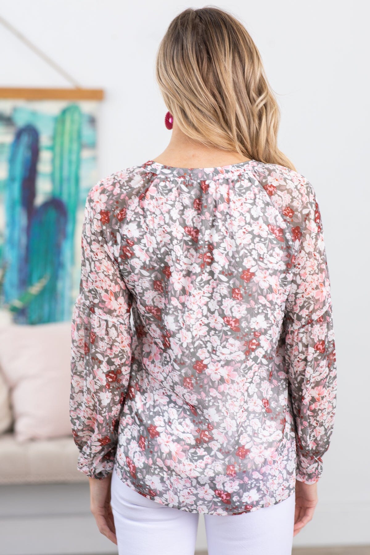 Wine and Blush Floral Print V-Neck Top - Filly Flair