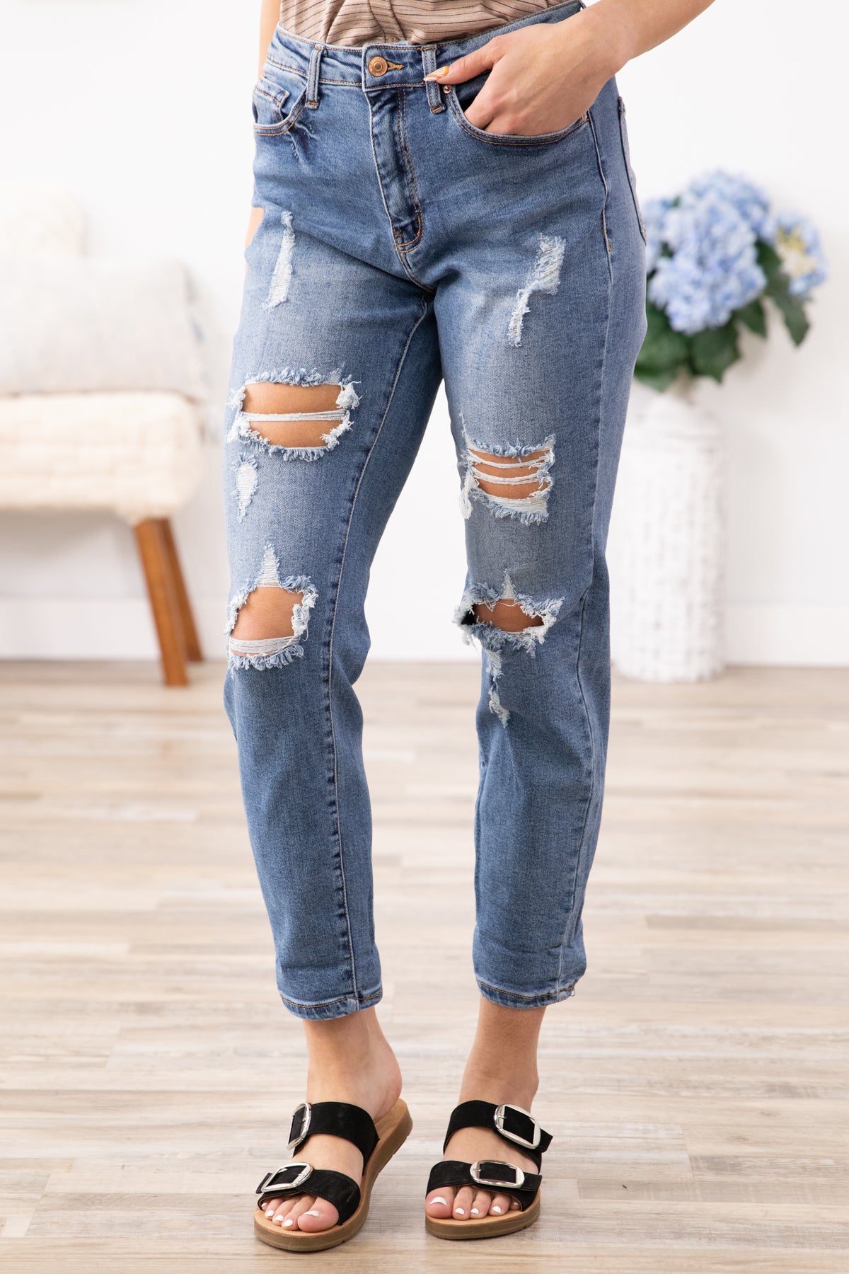 Medium Wash Cuffed Boyfriend Fit Jeans - Filly Flair