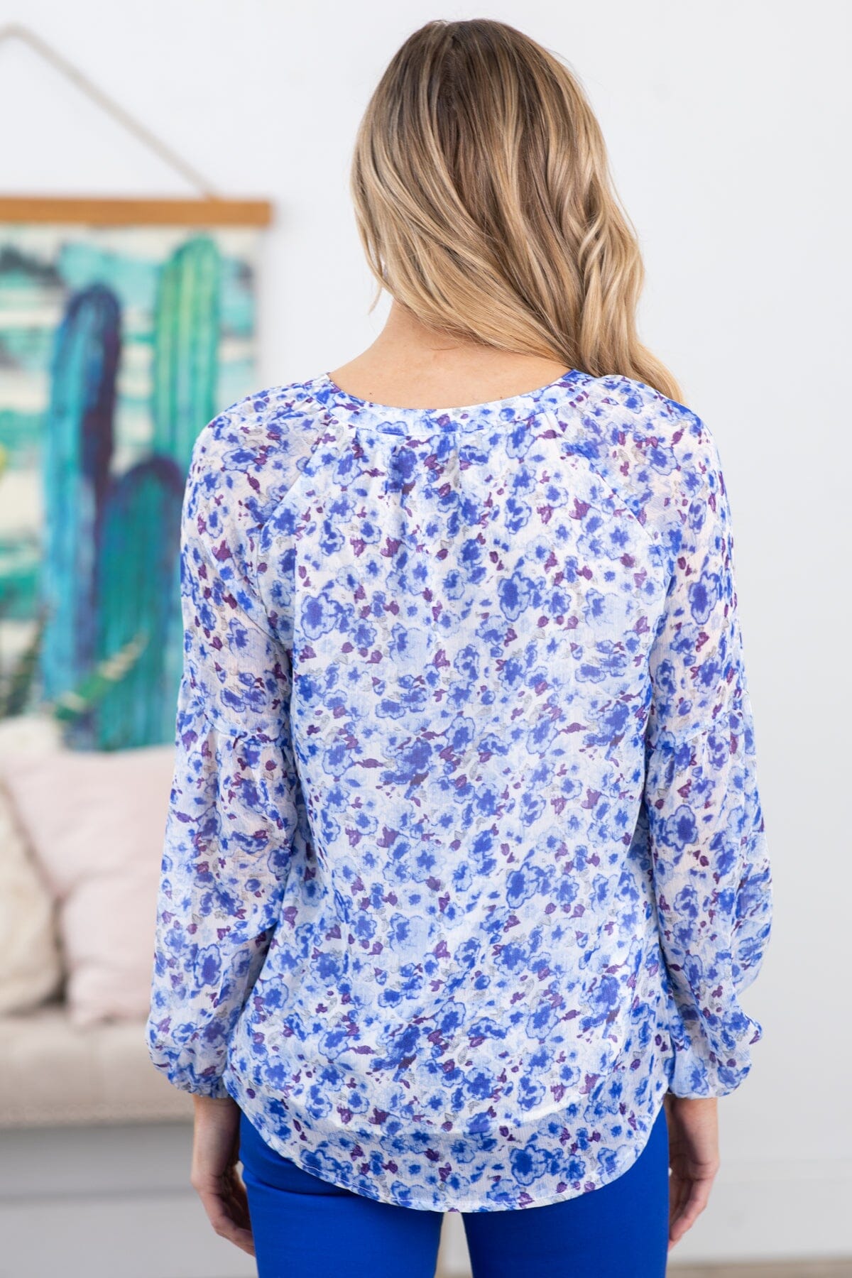 Cobalt and Indigo Floral Print V-Neck Top - Filly Flair