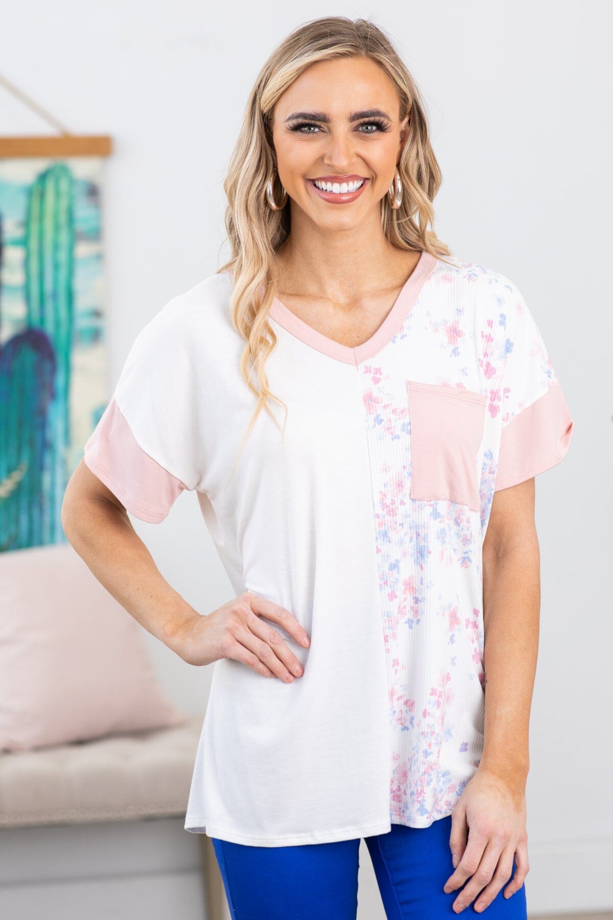 Baby Pink Multicolor Floral Print V-Neck Top - Filly Flair