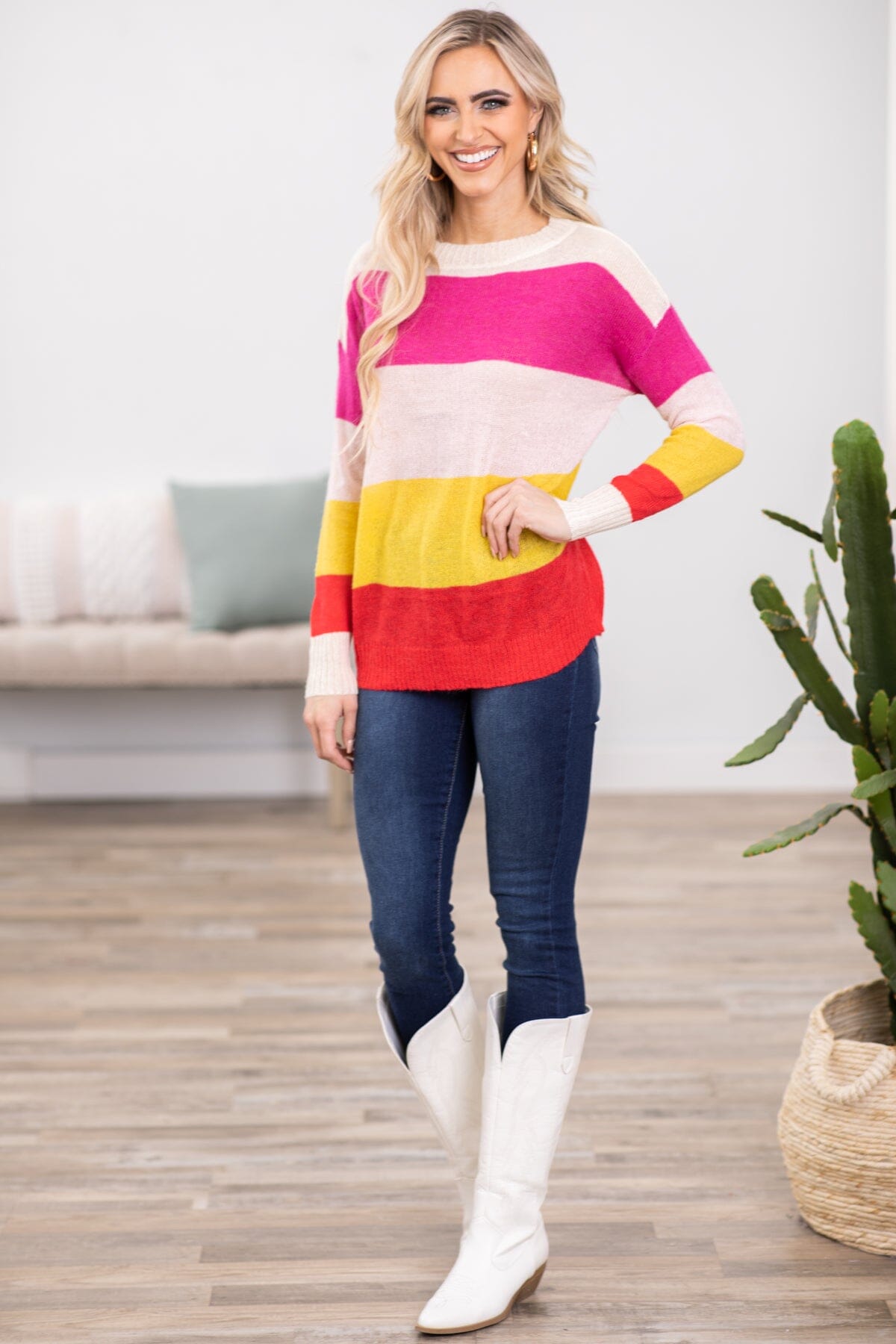 Hot Pink and Yellow Colorblock Sweater - Filly Flair