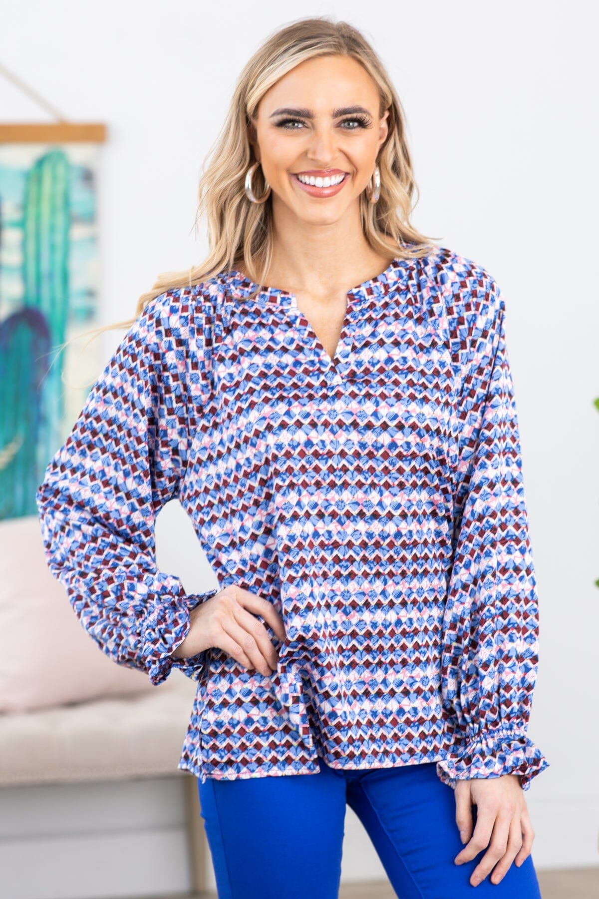 Blue and Berry Geometric Print Notch Neck Top - Filly Flair
