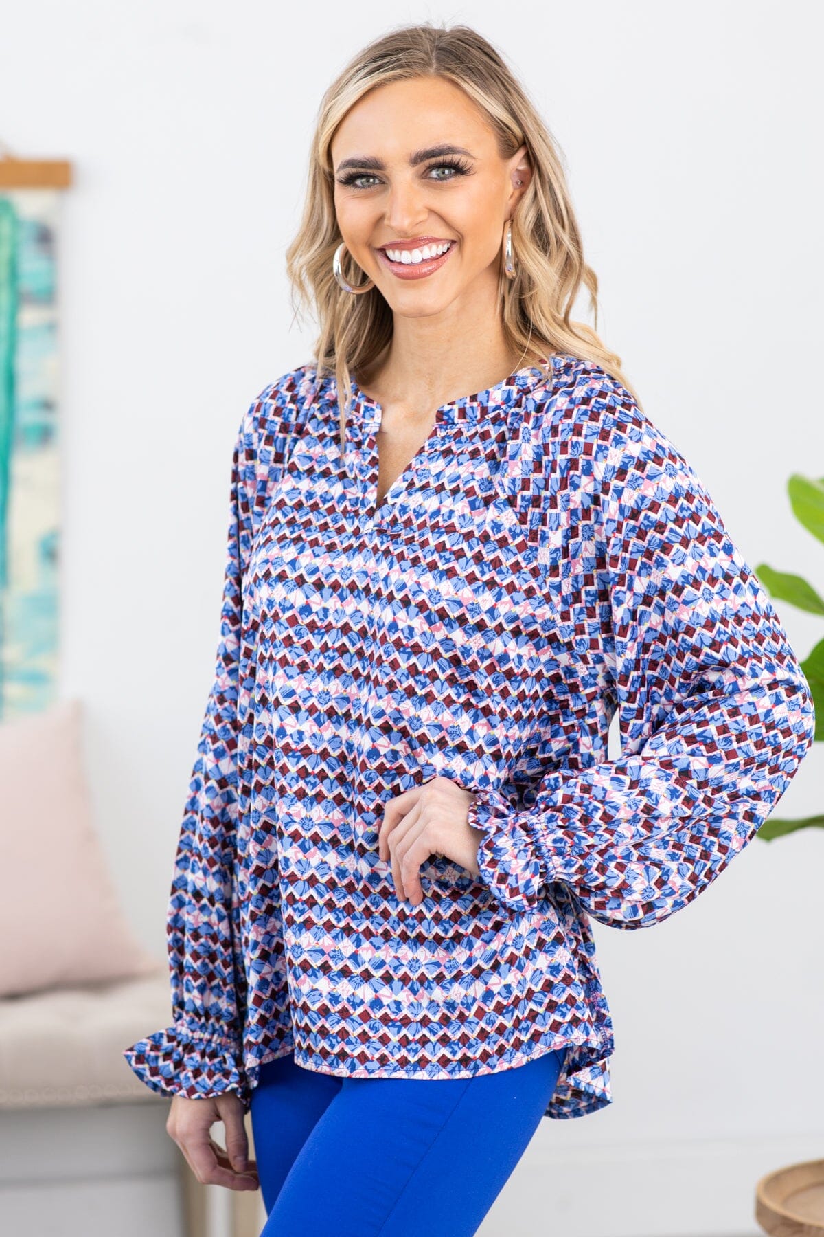 Blue and Berry Geometric Print Notch Neck Top - Filly Flair