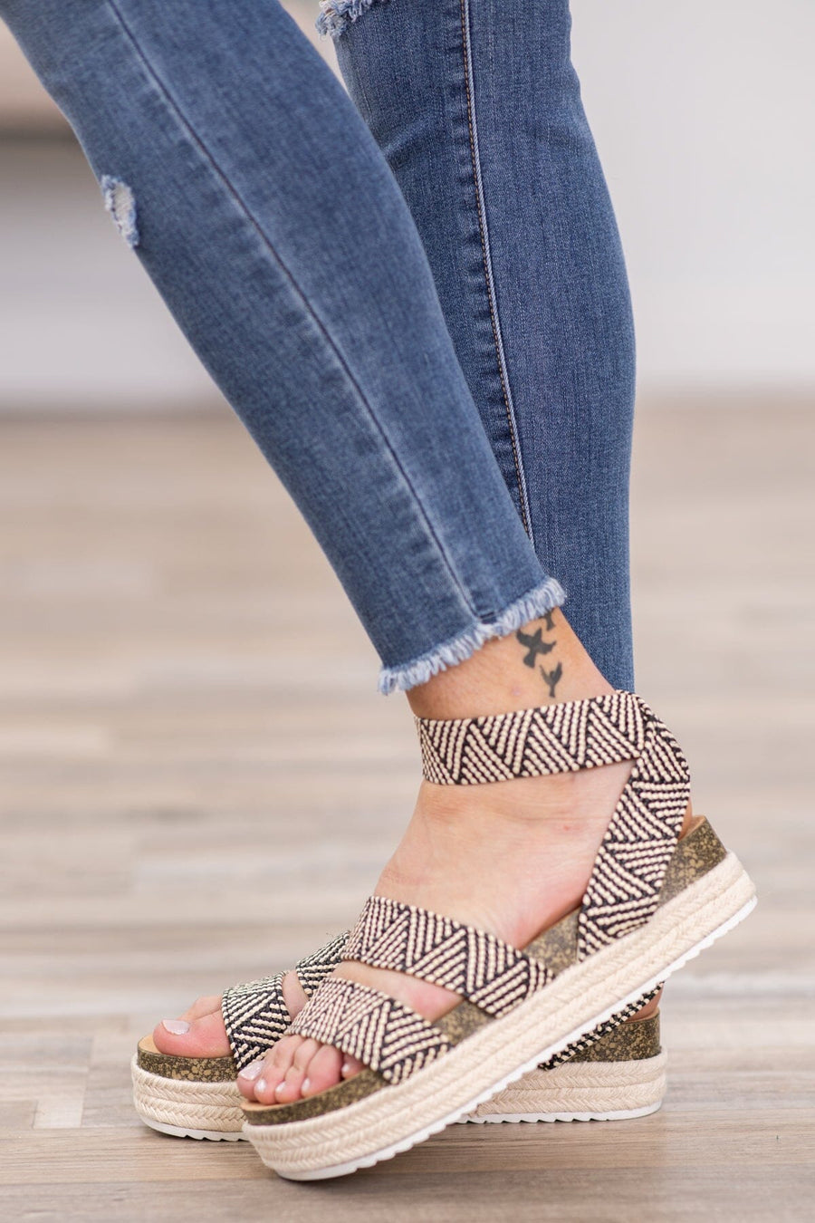 Black and Beige Aztec Print Strap Sandals - Filly Flair