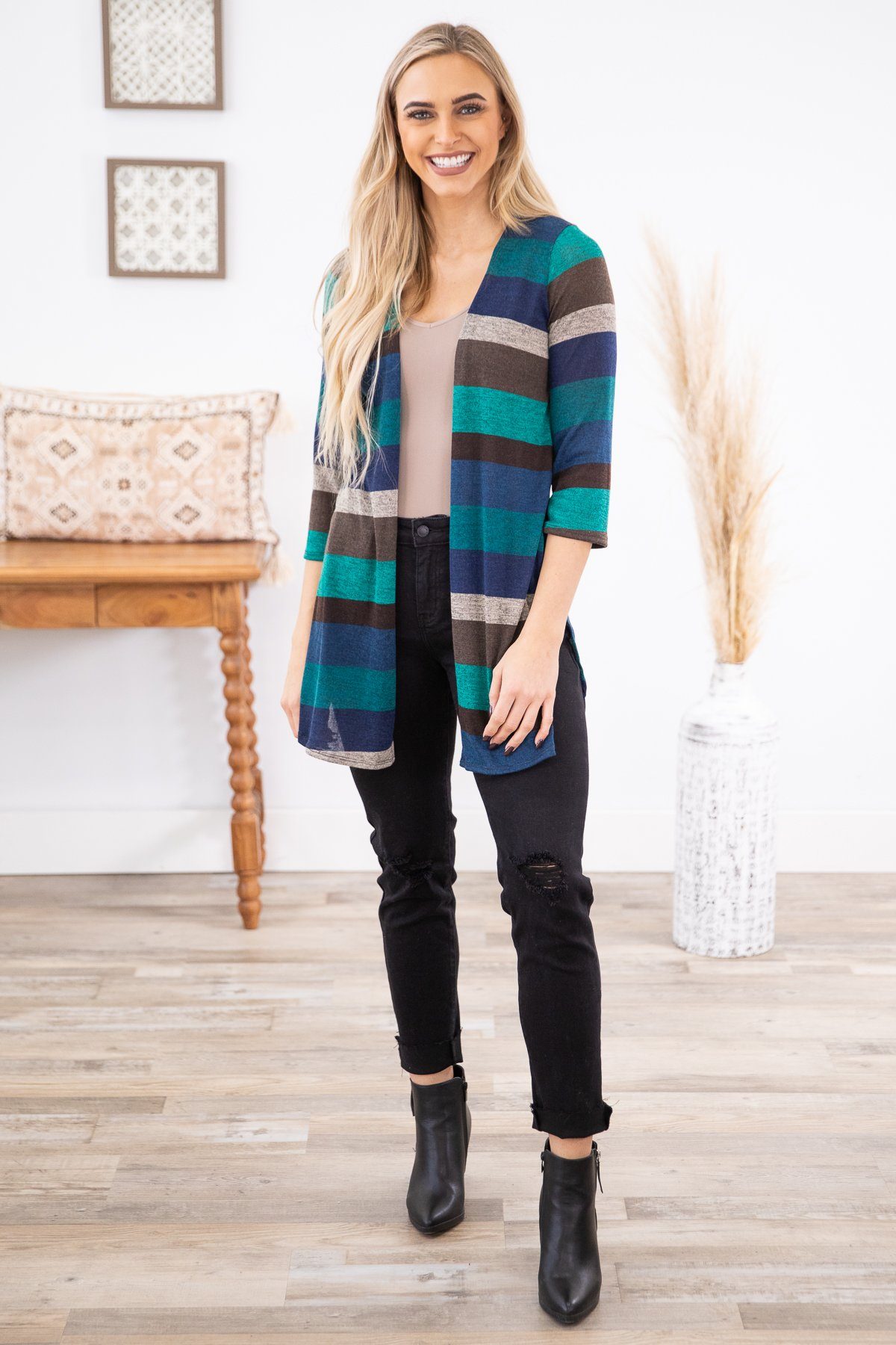 Navy and Teal Multicolor Stripe Cardigan - Filly Flair