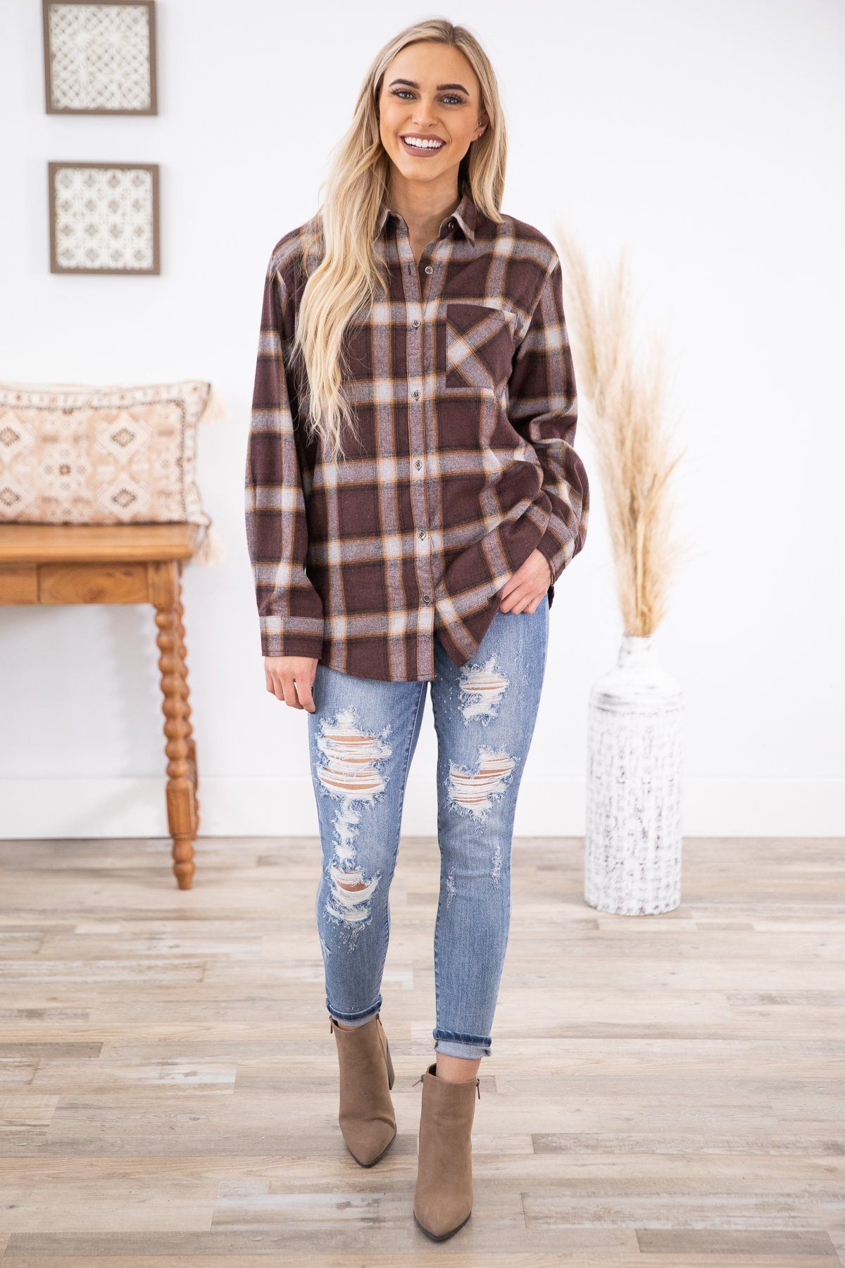 Chestnut Plaid Button Up Top - Filly Flair