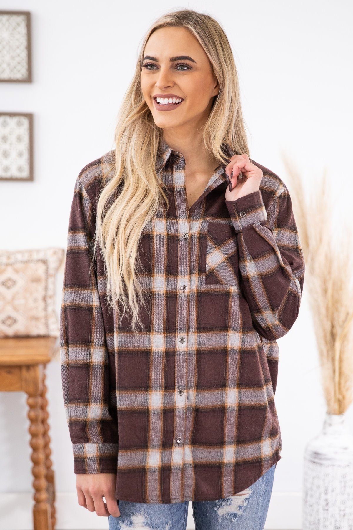 Chestnut Plaid Button Up Top - Filly Flair