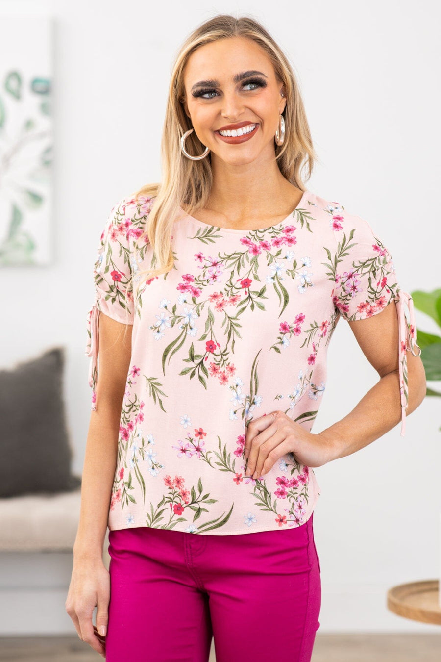 Baby Pink Floral Top With Sleeve Detail - Filly Flair