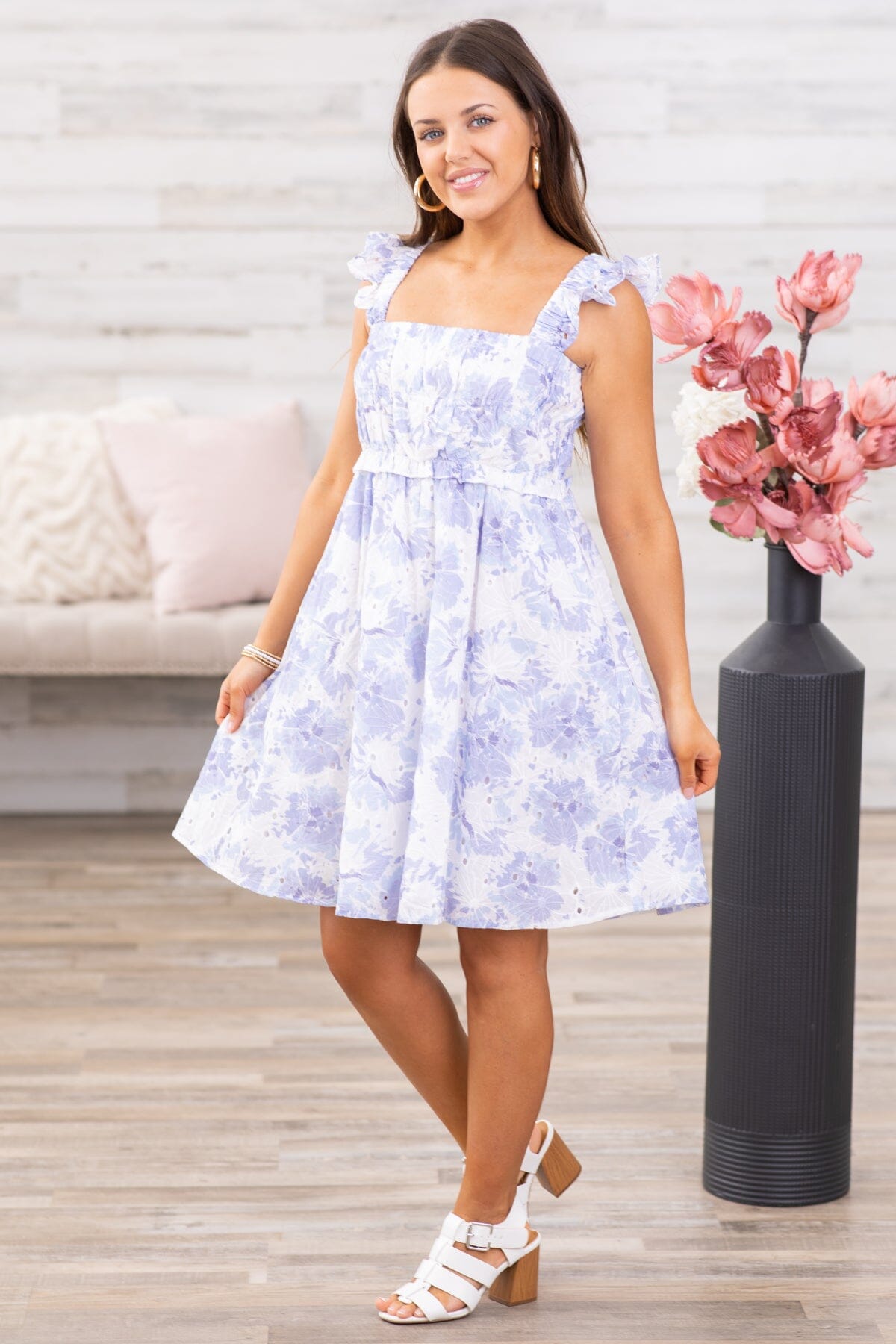 White and Blue Floral Smocked Bodice Dress - Filly Flair