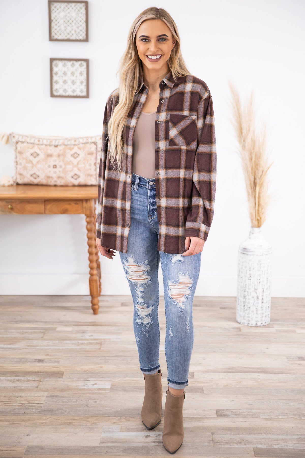 Chestnut Plaid Button Up Top - Filly Flair