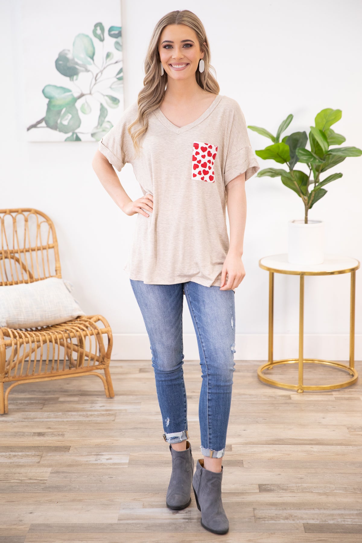 Oatmeal V-Neck Top with Heart Printed Pocket - Filly Flair