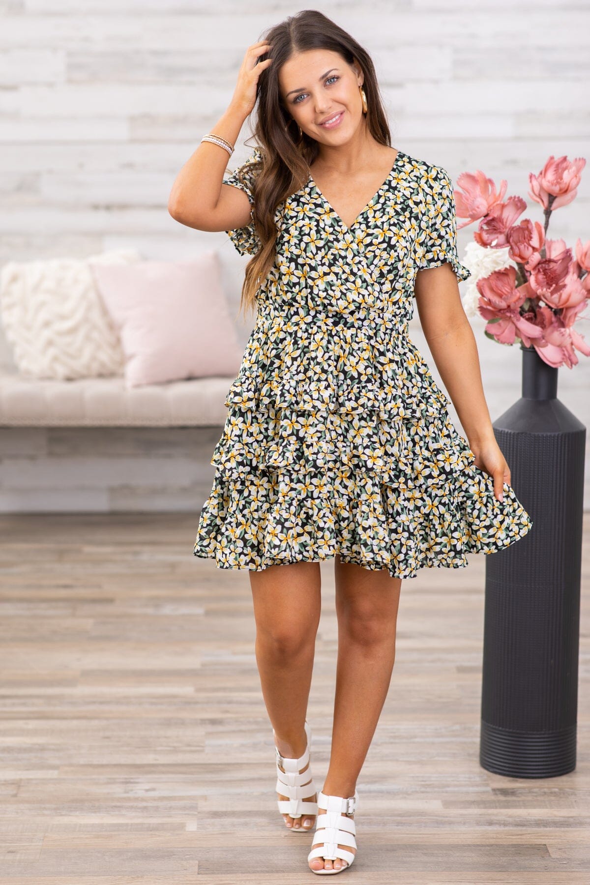 Black and Yellow Floral Tiered Skirt Dress - Filly Flair