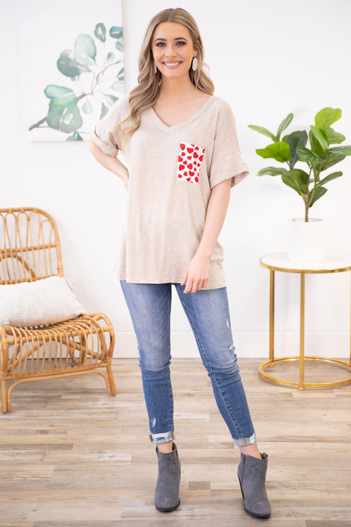 Oatmeal V-Neck Top with Heart Printed Pocket - Filly Flair