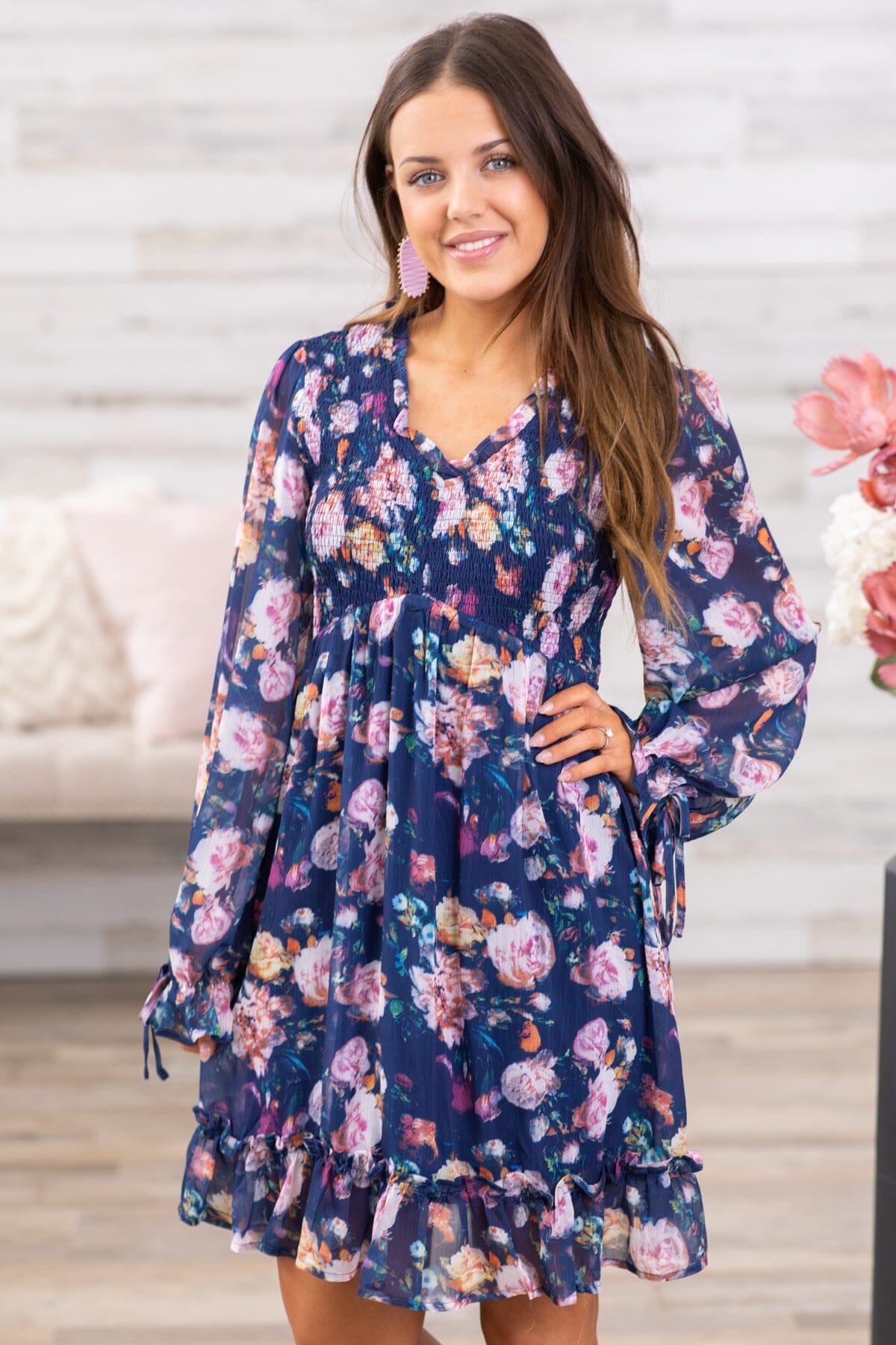 Navy and Pink Floral Long Sleeve Dress · Filly Flair