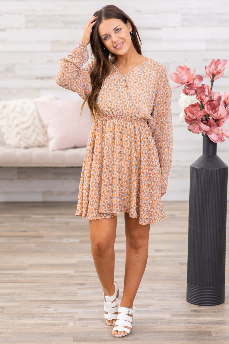 Tan Surplice Front Floral Long Sleeve Dress - Filly Flair