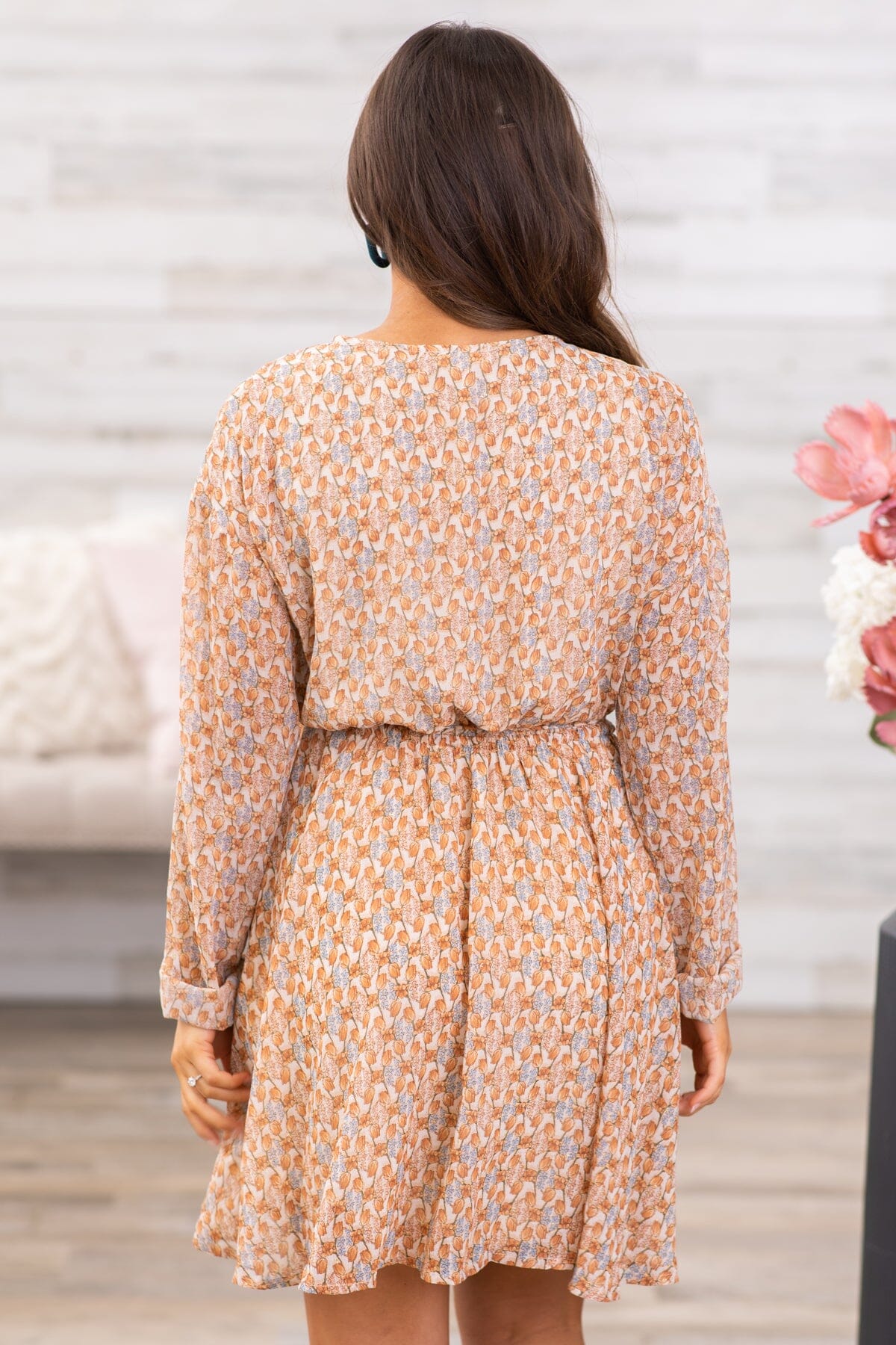 Tan Surplice Front Floral Long Sleeve Dress - Filly Flair