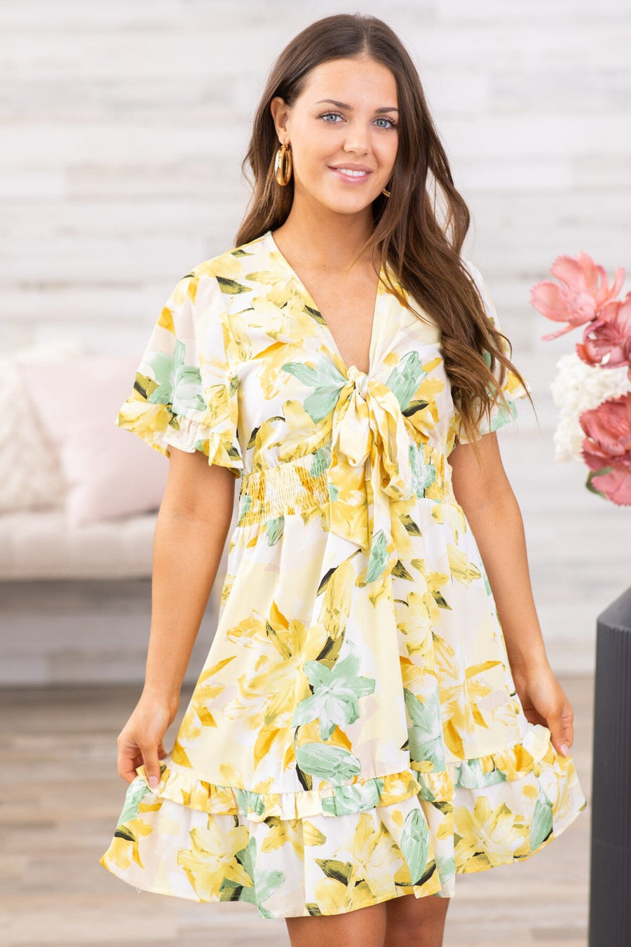 Pastel Yellow Floral Smocked Waist Dress - Filly Flair