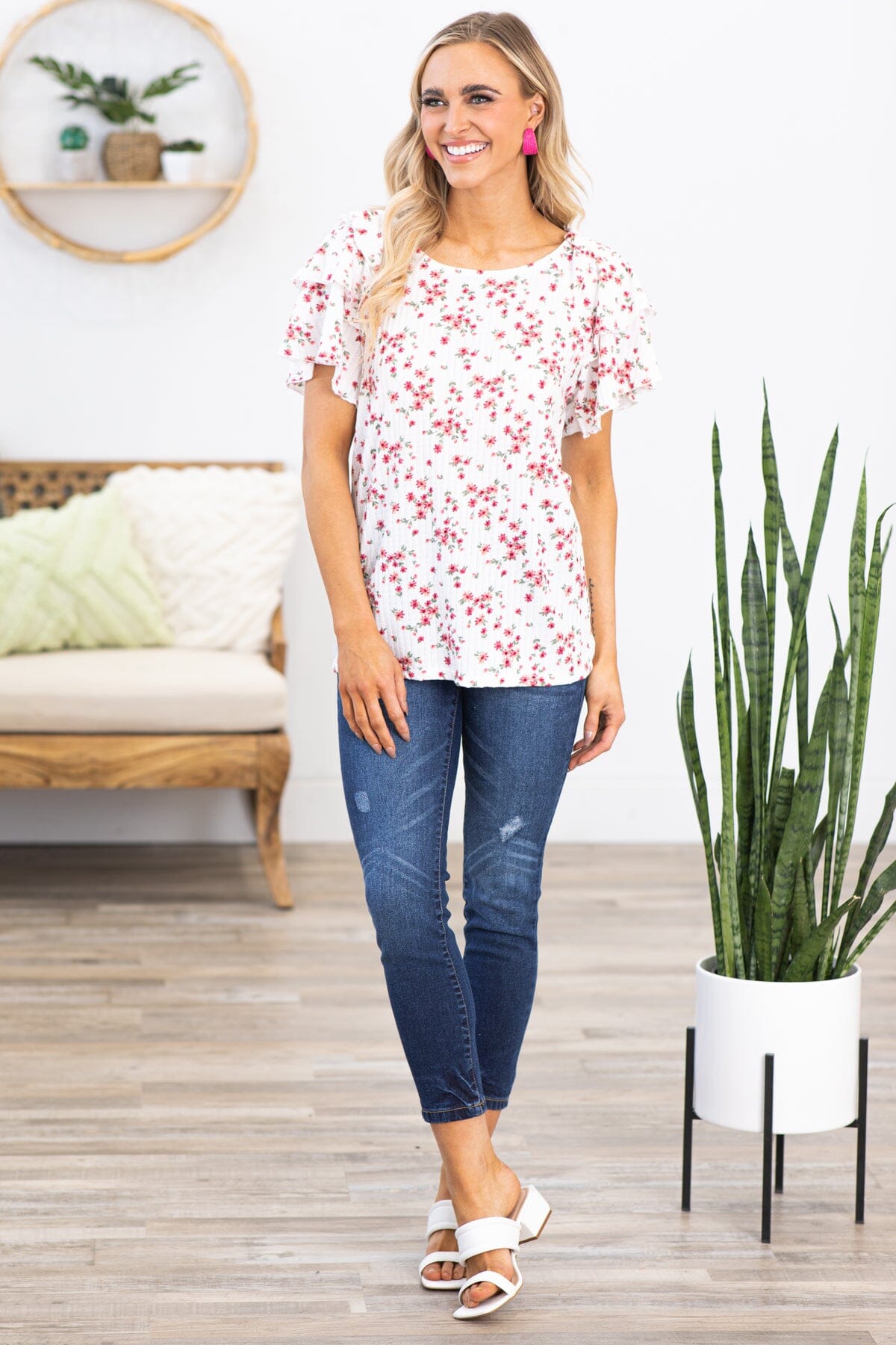 Off White and Red Ditsy Floral Rib Knit Top - Filly Flair