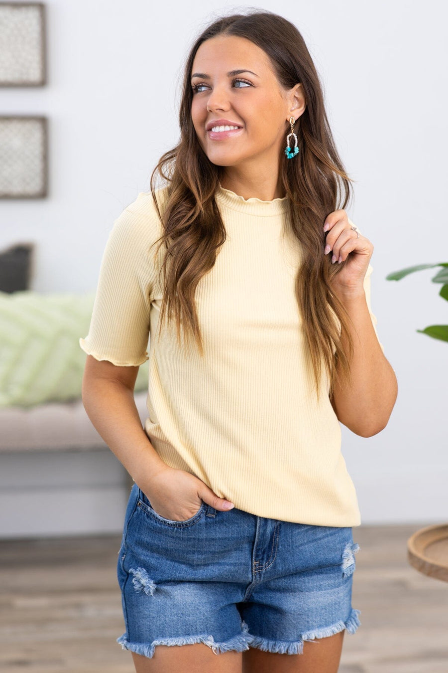Pastel Yellow Rib Knit Lettuce Trim Top - Filly Flair