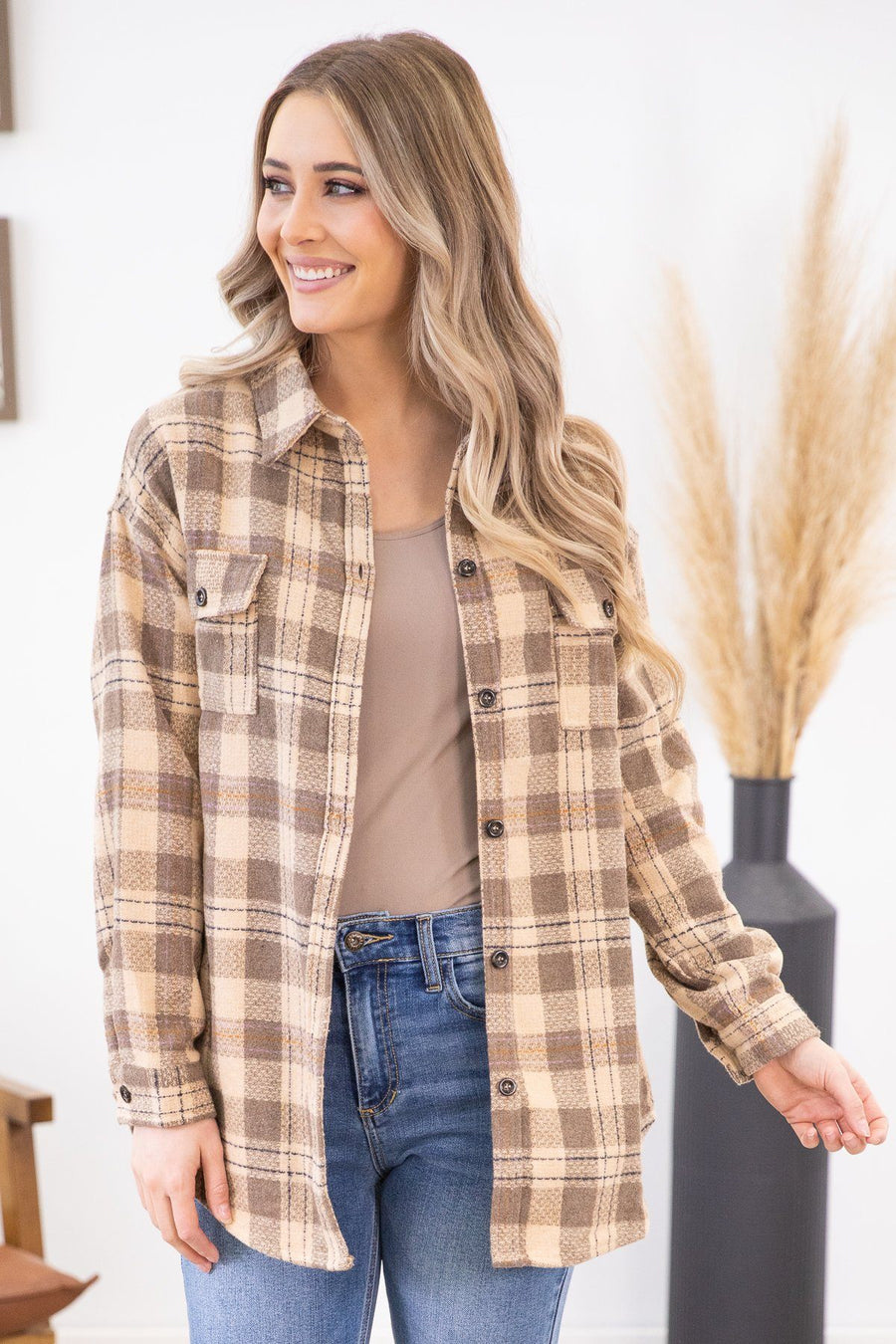 Taupe and Cream Plaid Shacket with Pockets - Filly Flair