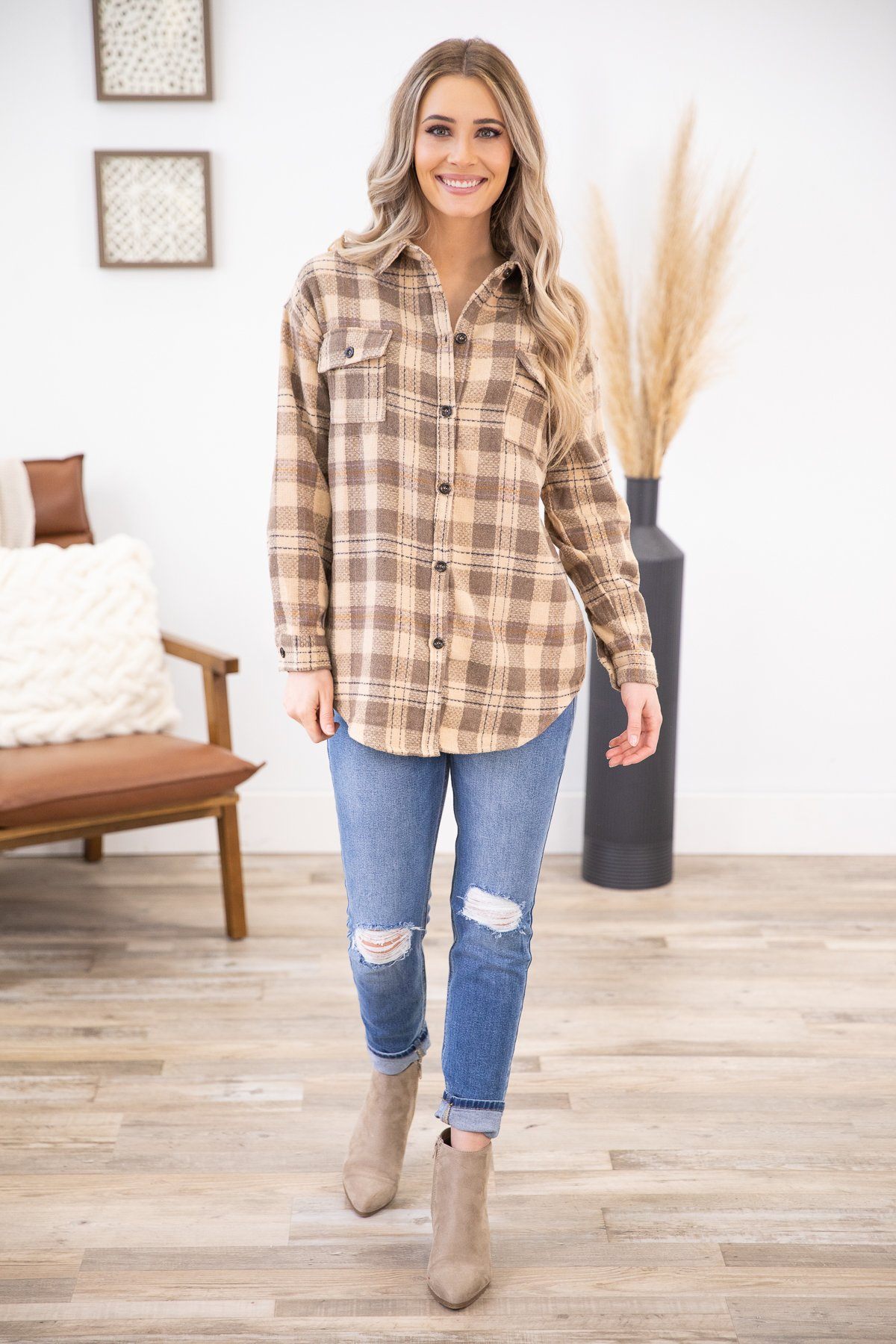 Taupe and Cream Plaid Shacket with Pockets - Filly Flair