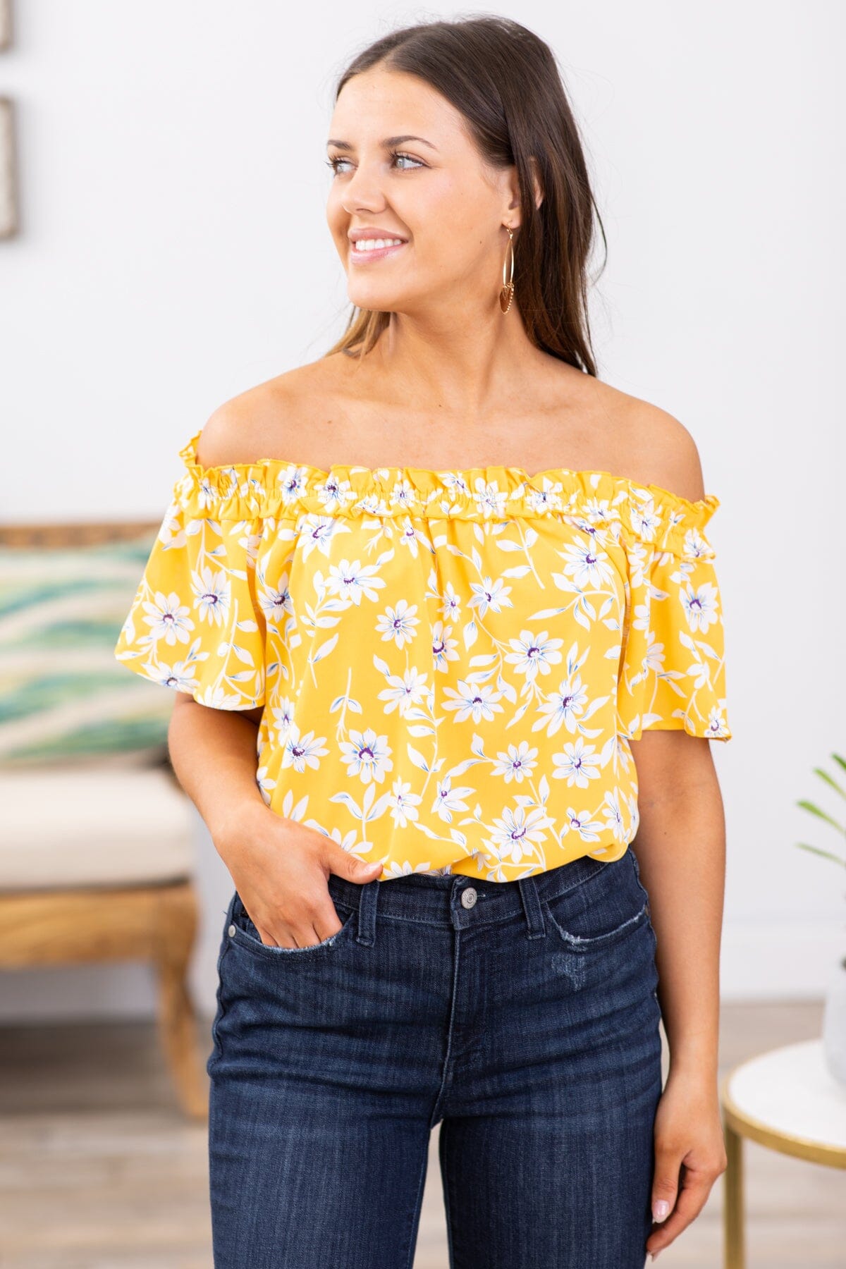 Yellow and Blue Floral Smocked Trim Top - Filly Flair