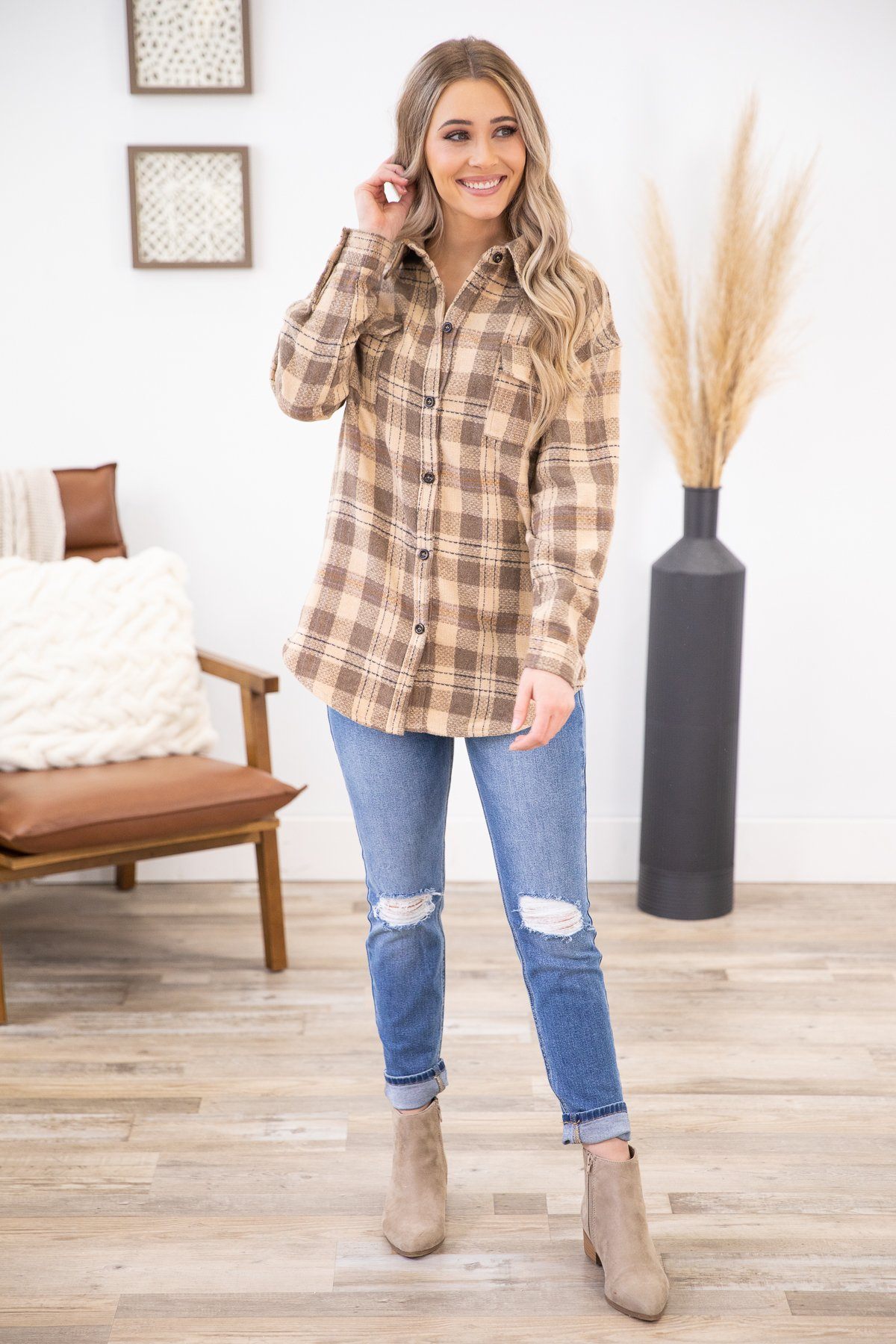 Taupe and Cream Plaid Shacket with Pockets - Filly Flair