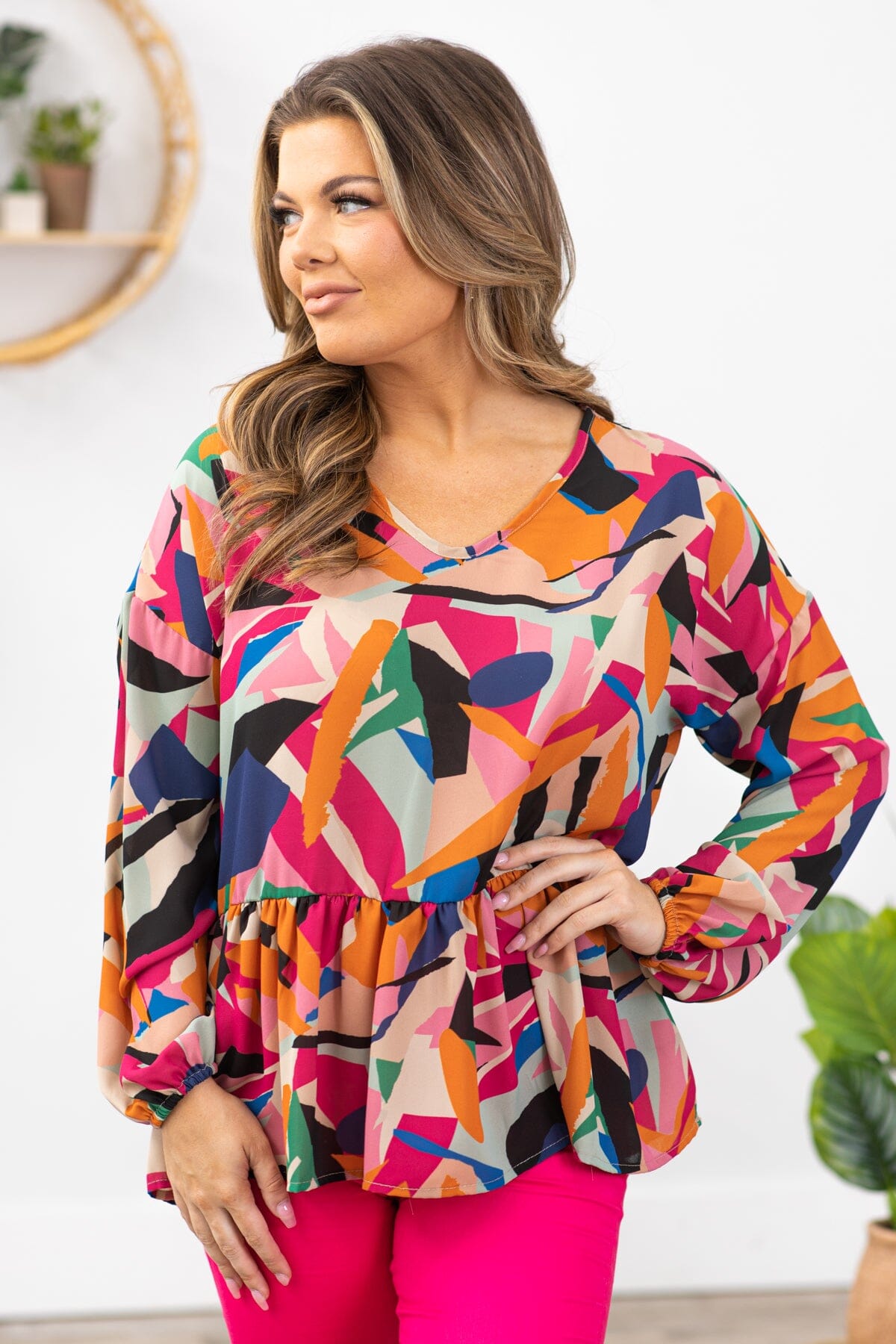 Pink Multicolor Abstract Print V-Neck Top - Filly Flair