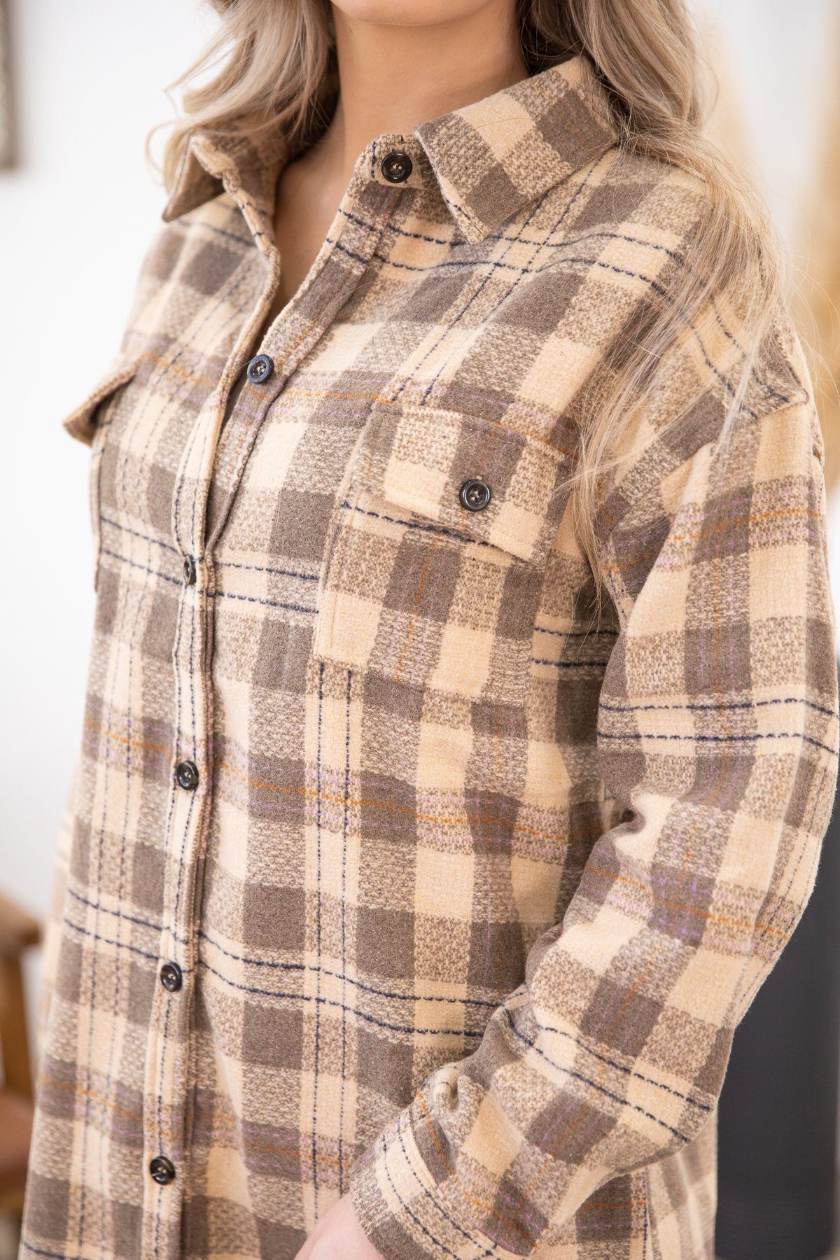 Taupe and Cream Plaid Shacket with Pockets - Filly Flair