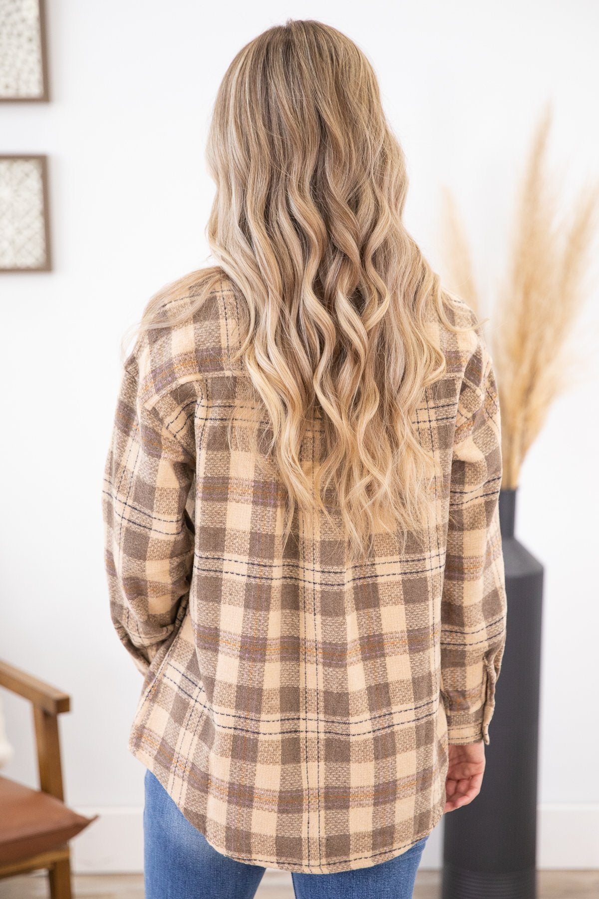 Taupe and Cream Plaid Shacket with Pockets - Filly Flair