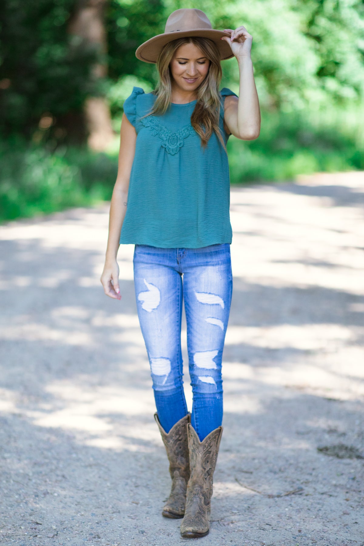 Teal Flutter Sleeve Top With Crochet Detail - Filly Flair
