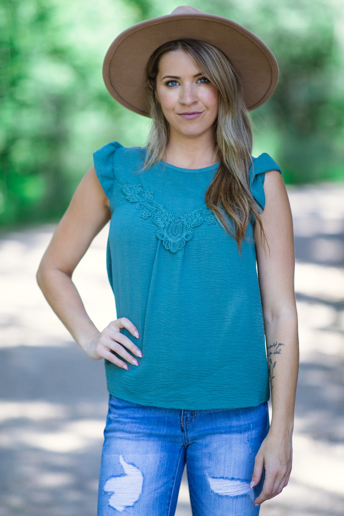 Teal Flutter Sleeve Top With Crochet Detail · Filly Flair
