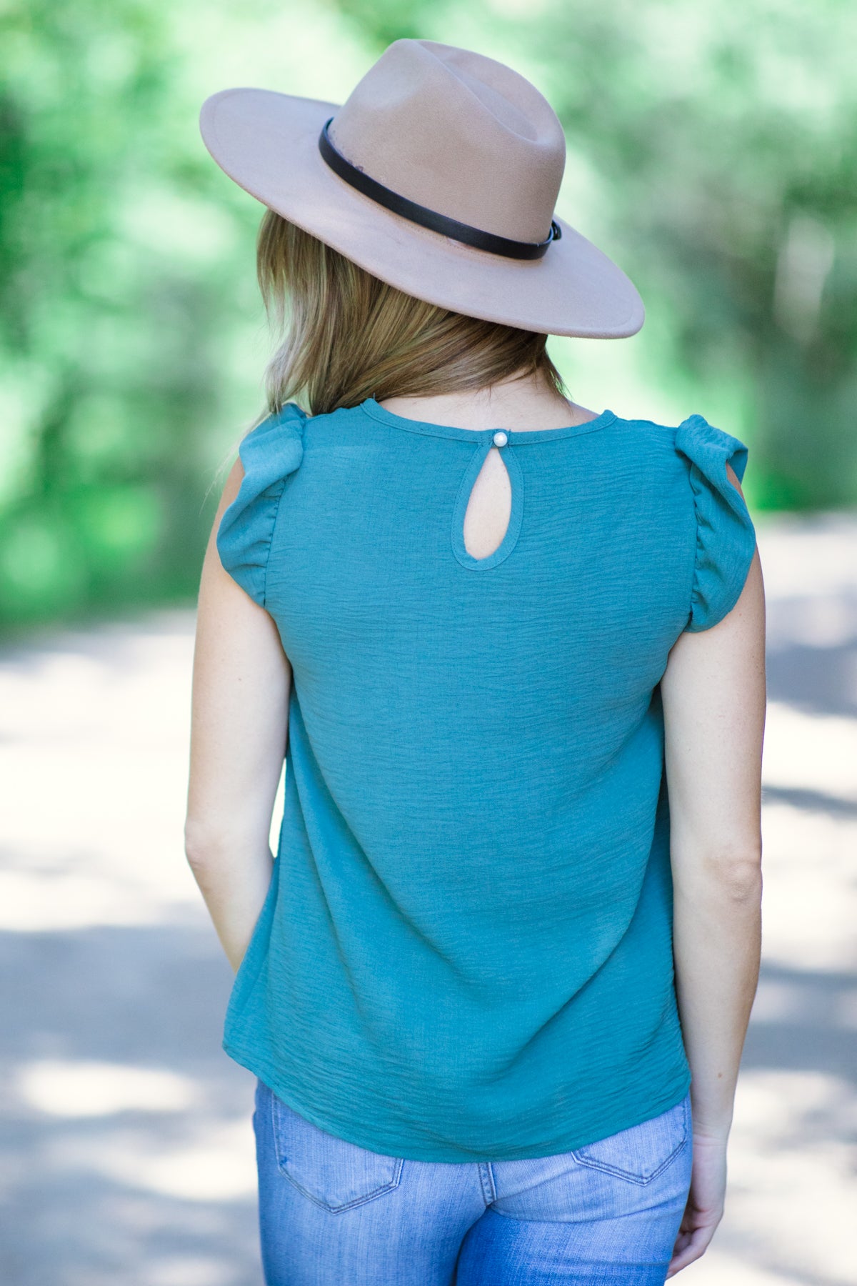 Teal Flutter Sleeve Top With Crochet Detail - Filly Flair